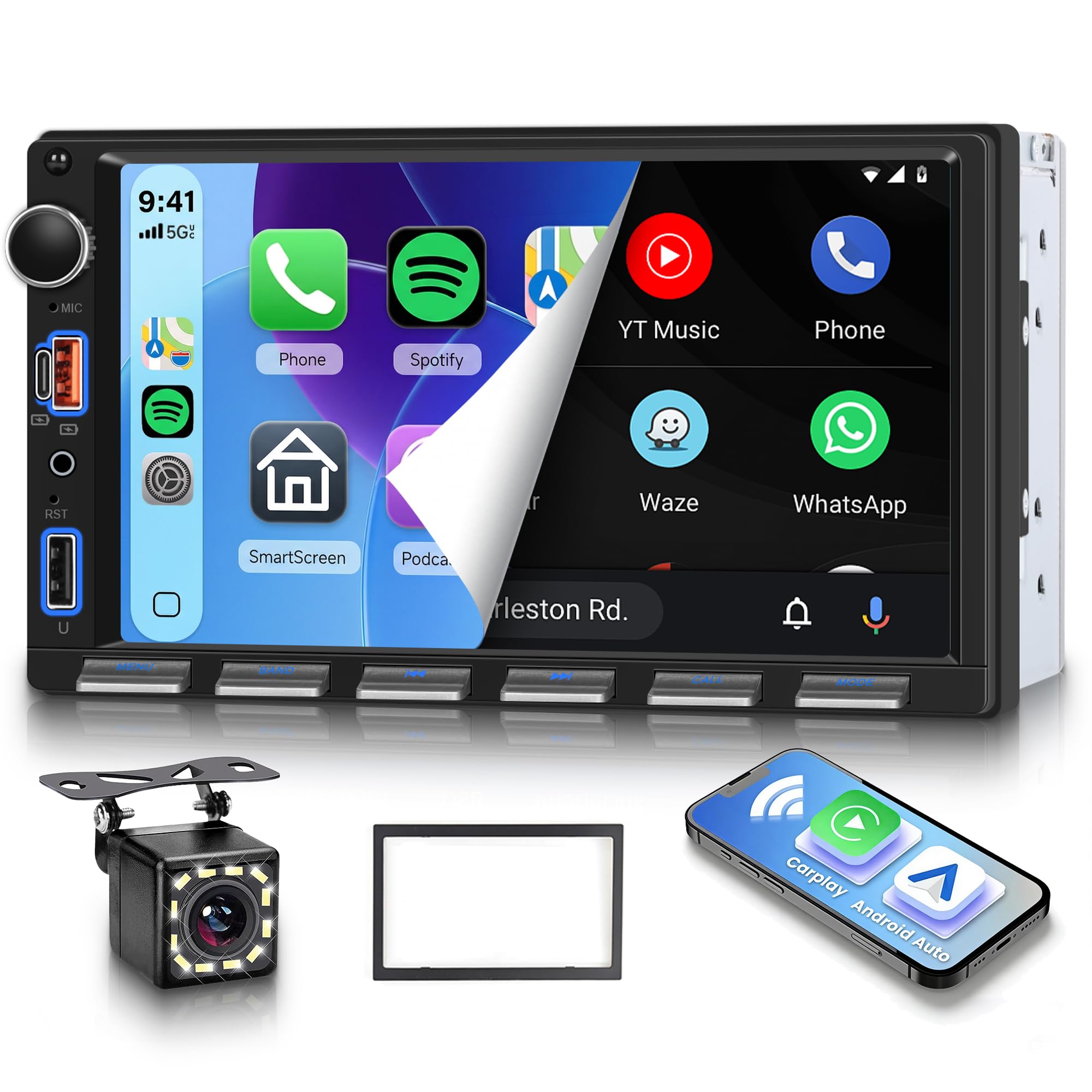 Rimoody Radio de Coche 2 DIN con Inalámbrico Carplay You-Tube Android Auto, 7 Pulgadas Pantalla Táctil Radio Coche iOS/Android Mirror Link Bluetooth FM Radio USB/EQ Control del Volante Cámara Trasera