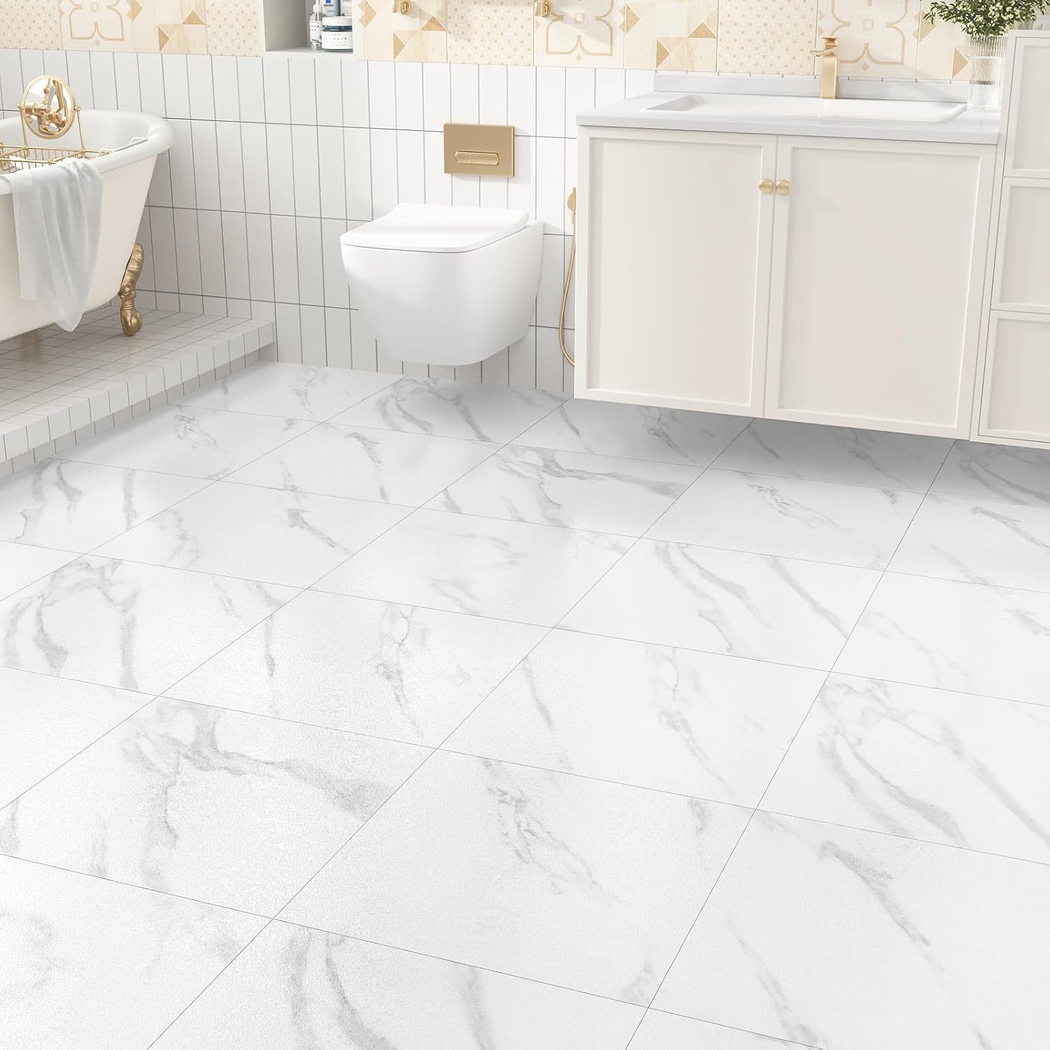 WESTICK White Grey Peel and Stick Floor Tile 20 PCS Marble Floor Tiles Peel and Stick Waterproof Bathroom Vinyl Flooring Self Adhesive Vinyl Tile Flooring for Kitchen Bedroom Office RV 12 x 12 Inches