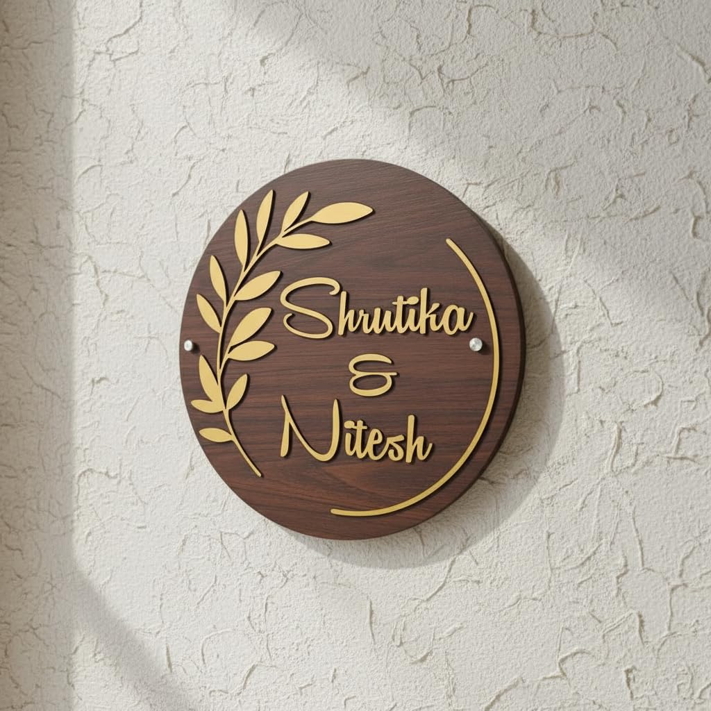 Personalized Wooden Name Plate for Home | Custom Family Name Board with Acrylic Letters | Round Wall Hanging Door Sign | Custom Name Plate for House Entrance (Dark Brown, 40 cm)-image-21