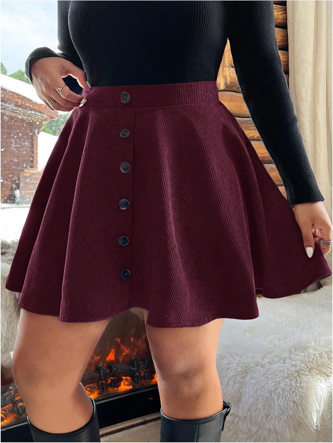 WDIRARA Women's Plus Size High Waisted Flared Skirt Button Front A Line Short Skirts - Image 3