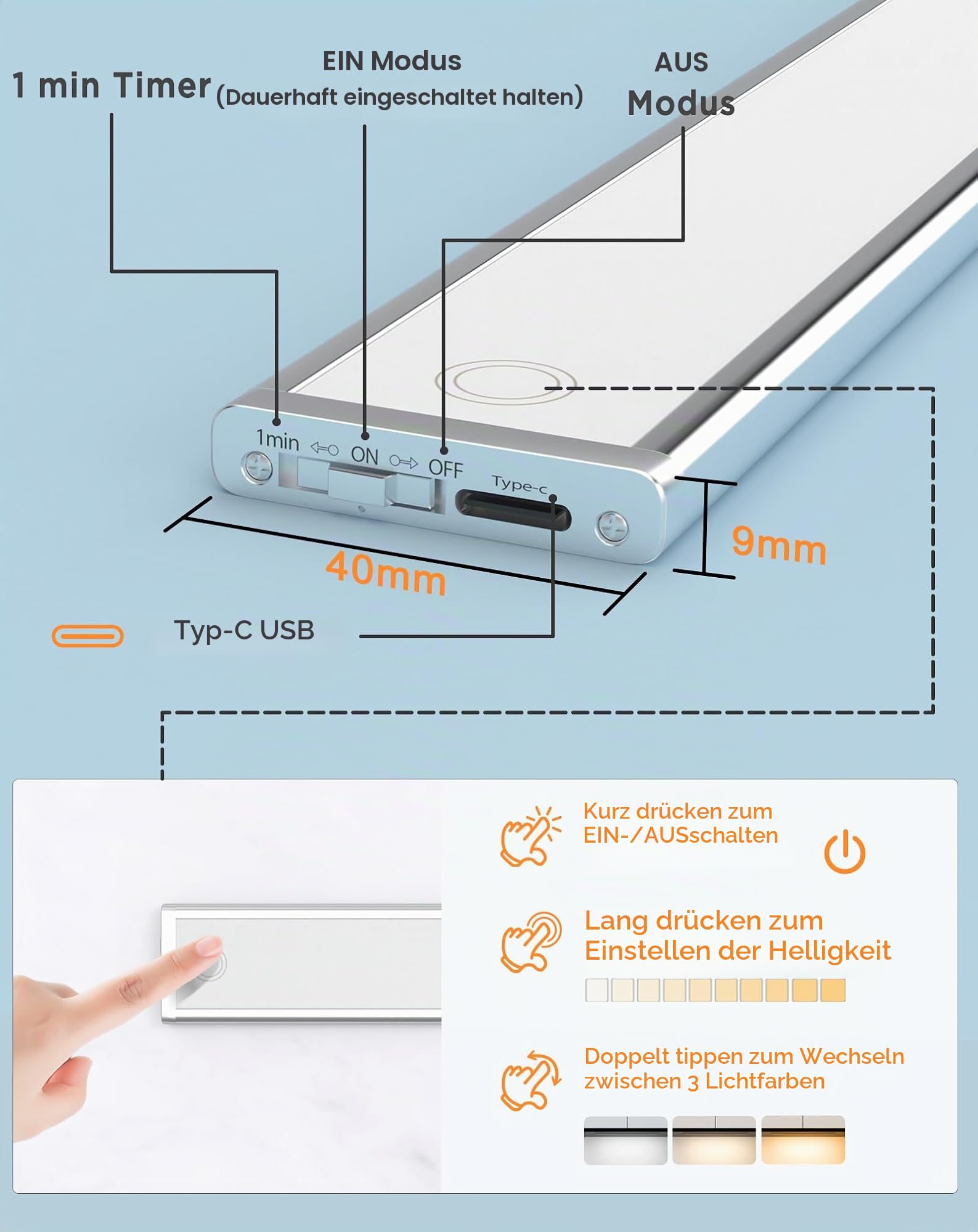 LED dimmbar Unterbauleuchte 58CM Küche Lampe 4500mAh wiederaufladbar Akku Schrankbeleuchtung mit Touchsensor Timer 3Farben led leiste magnetische Lichtleiste für Küchenschrank Kleiderschrank