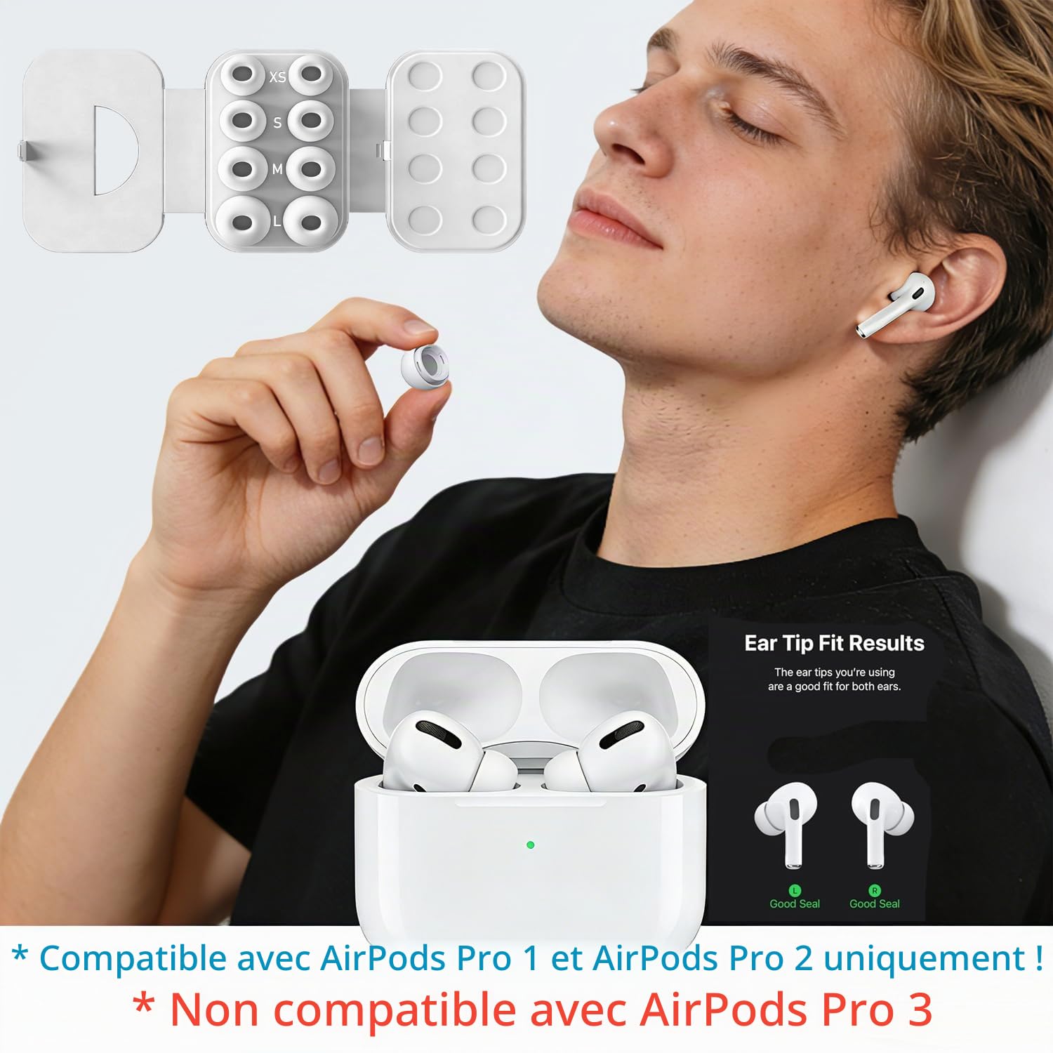 SIXFU Embouts de Remplacement Compatible AirPods Pro 1 & Pro 2 avec Boîte de Stockage et Kit de Nettoyage, Taille XS/S/M/L, Blanc