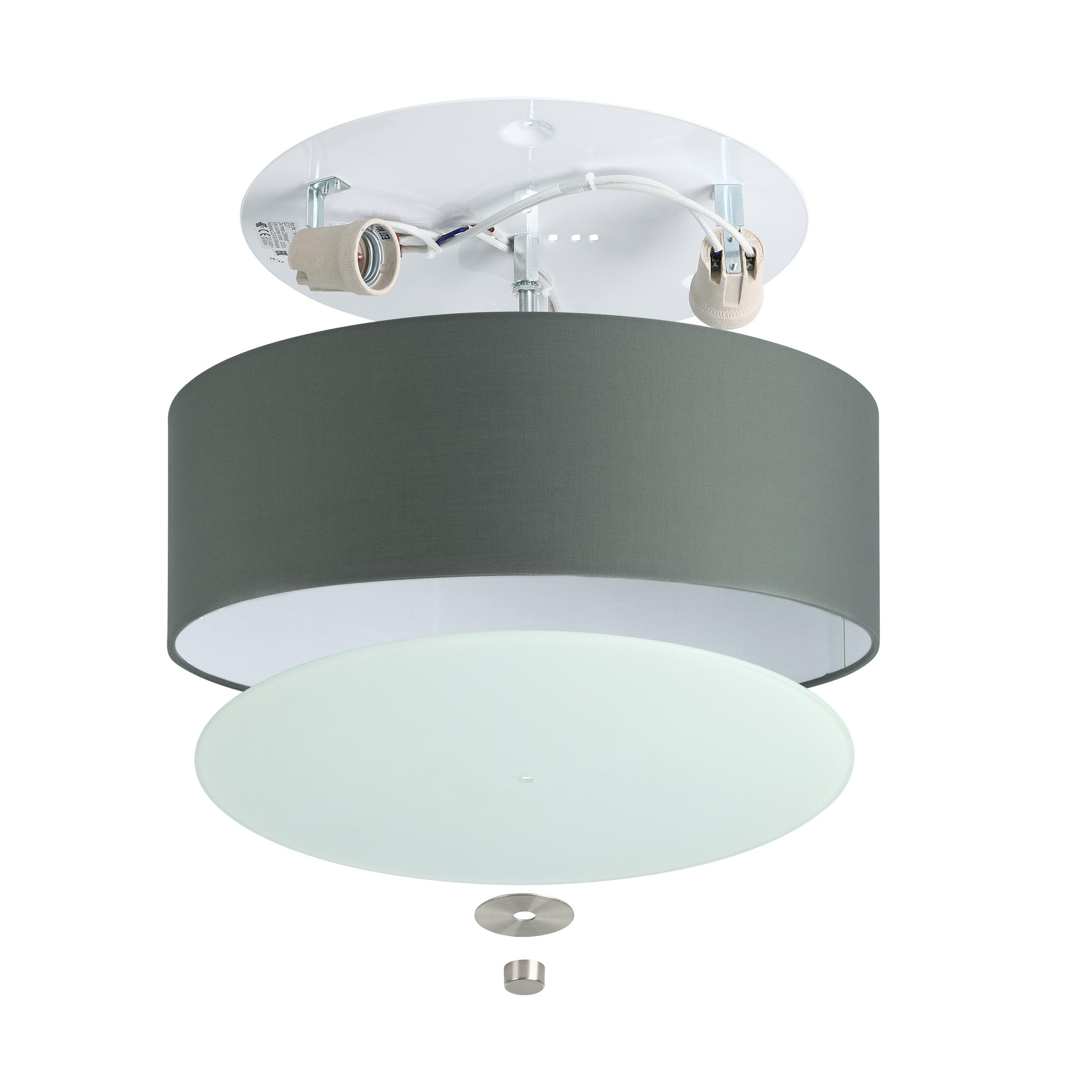 Eglo Plafoniera Pasteri, plafoniera tessile a tre punti | luce, acciaio, tessuto, vetro, nichel opaco, grigio, E27, diametro 47,5 cm