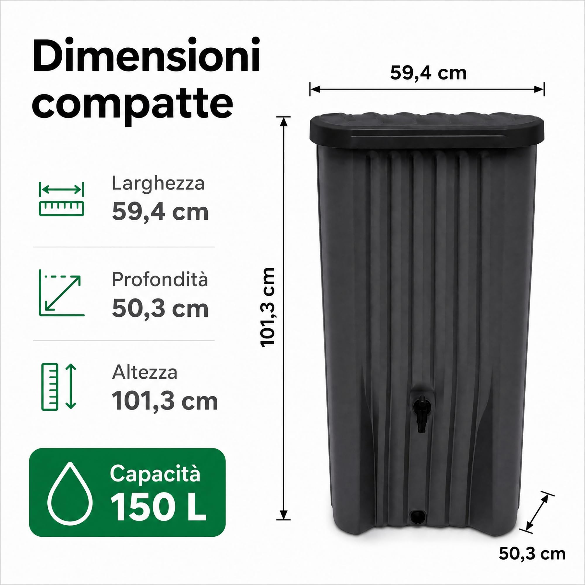 YourCasa Cascade Serbatoio Acqua Piovana 150 L, Slim Antracite | Cisterna piovana salvaspazio da parete con rubinetto integrato, coperchio e scarico invernale, prodotta in Francia