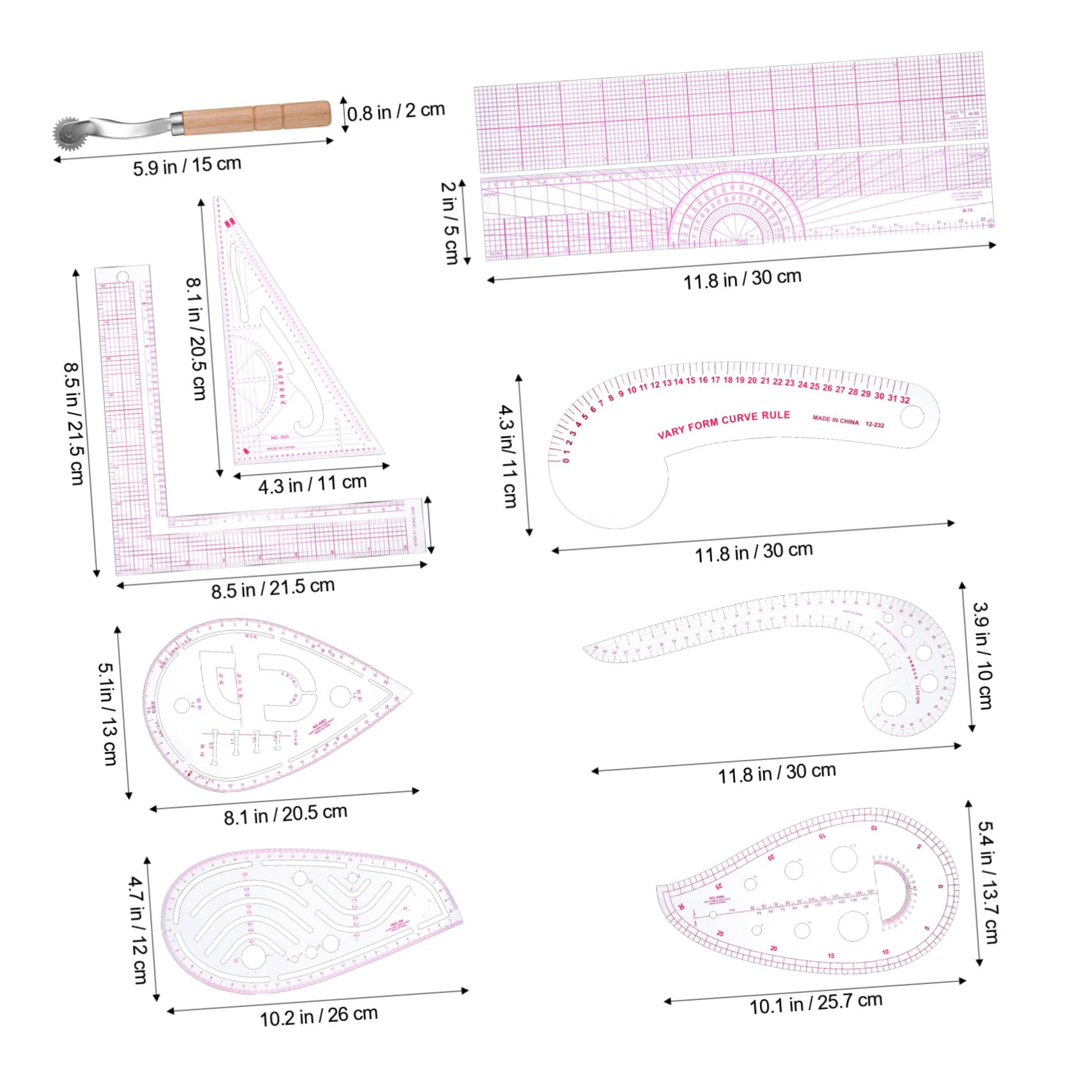 Teiliges French Curve Lineal mit Klarer Skalierung Flexiblen Kunststoff maßlinealen Vielseitig für Präzises Nähen und Stoffzuschnitt Leicht und Tragbar für Anfänger und Profis