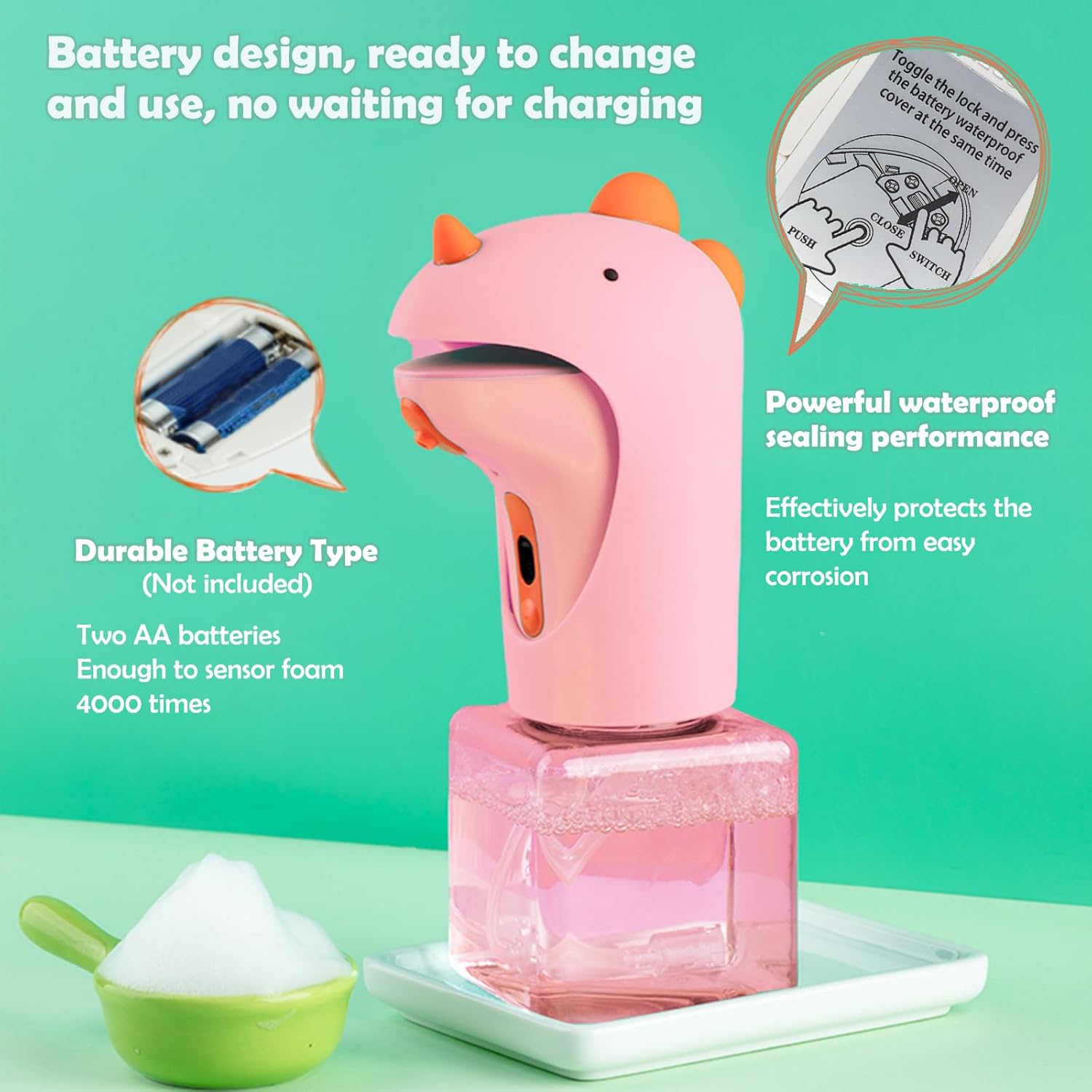 Seawah Automatic Foam Soap Dispenser - IPX6 Waterproof Cute Dinosaur Foaming Smart Hand Soap Dispenser for Bathroom（Pink）