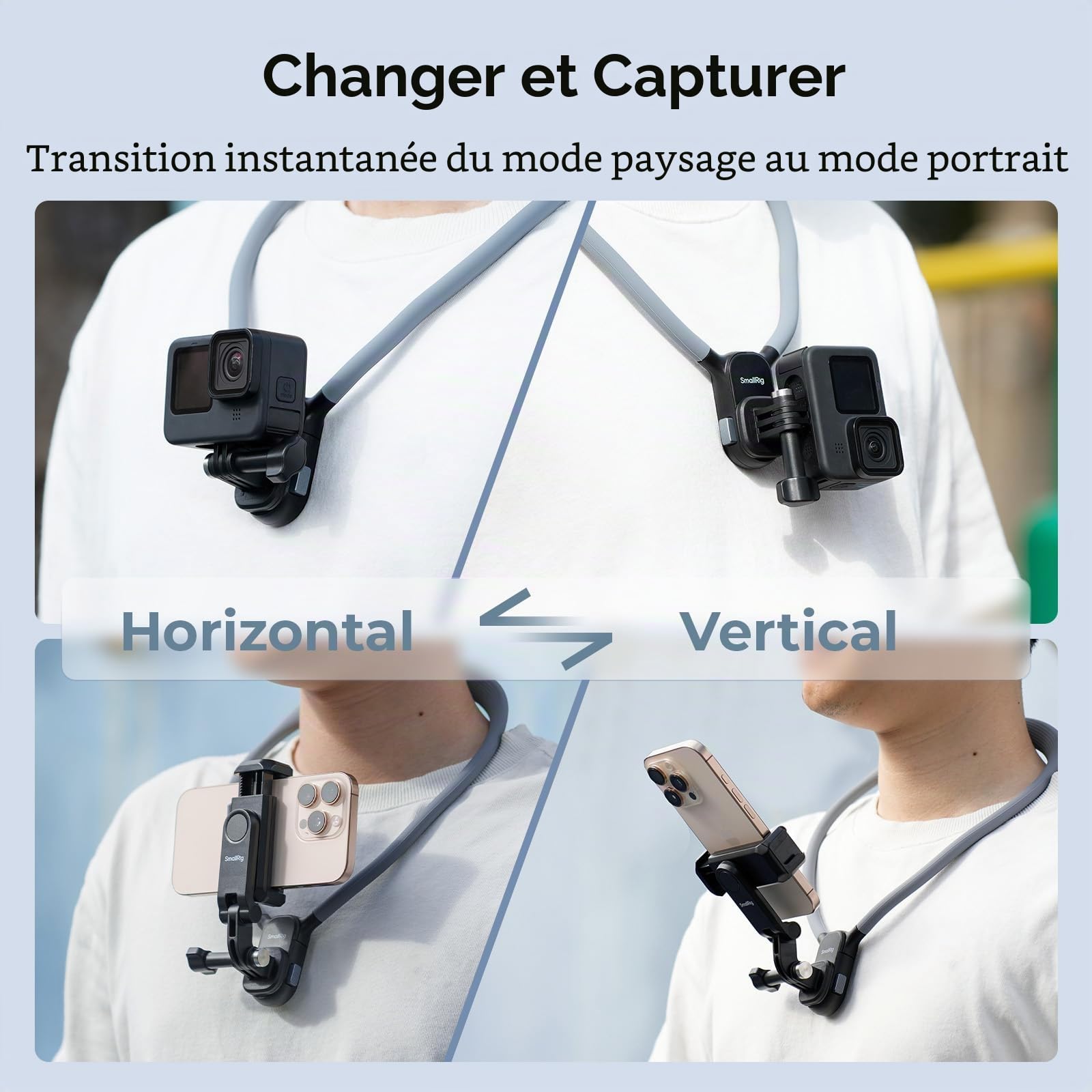 SMALLRIG Support de Cou Magnétique pour Caméras d'action et Téléphones, Support de Prise de Vue POV Confortable avec Adaptateur Universel à 2 Broches et Support de Téléphone - 5128