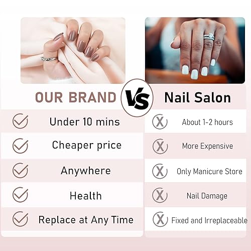 Miniatura 3 de Uñas postizas cortas a presión, cuadradas marrones, acrílicas brillantes, sólidas, naturales, 24 piezas de uñas postizas con diseños, kit de arte de