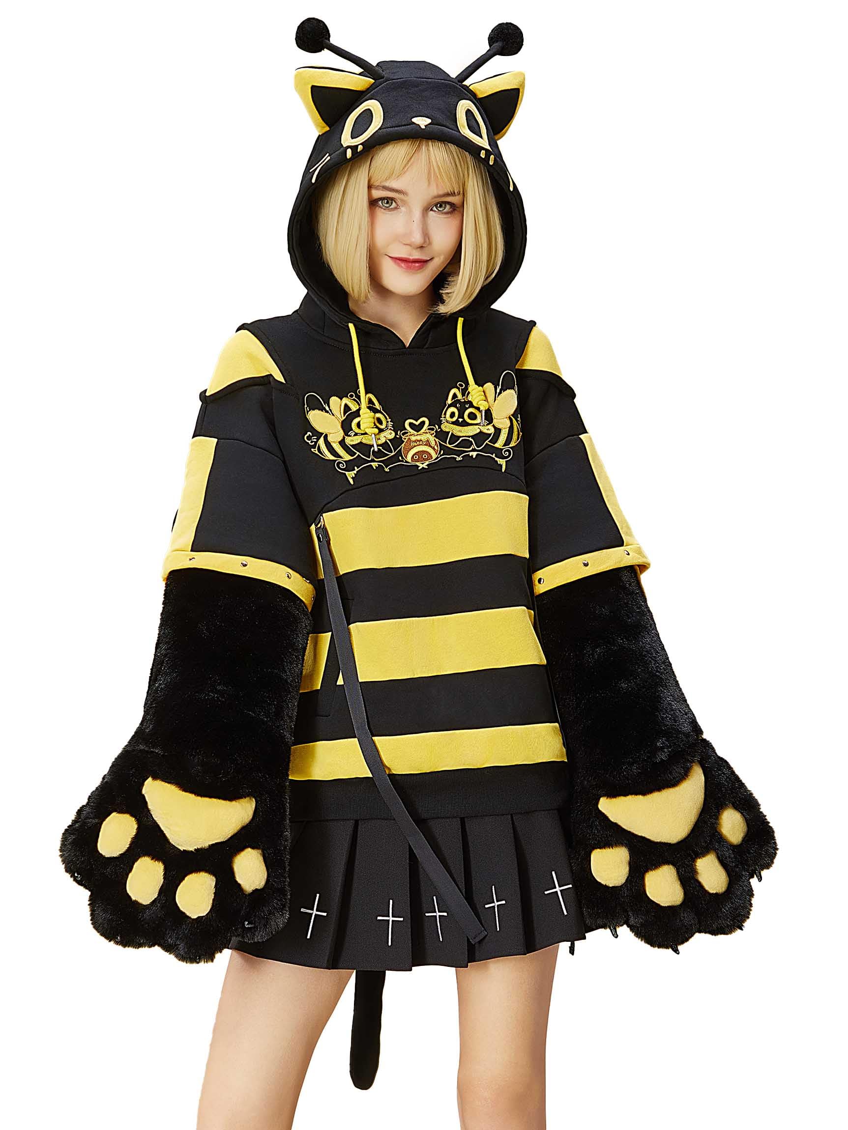 Micotaku Women's Cute Bee Cat Hoodie Adorable Plush Cat Paw Sweatshirt with Detachable Paw Sleeves for Casual Wear