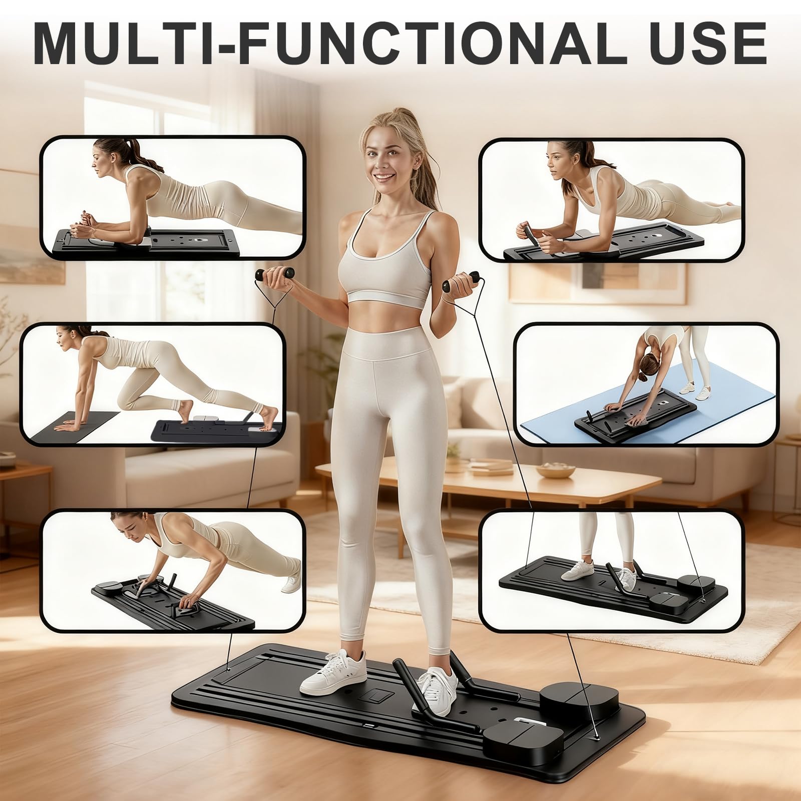 Roadtime Reformateur Pilates 6 en 1 Amélioré Pliable Ensemble et minuteur,Compact de Plateau Pilates pour la Protection des Genoux et Entraîneur Multifonctionnel, Planche Abdominale avec Rebond BK