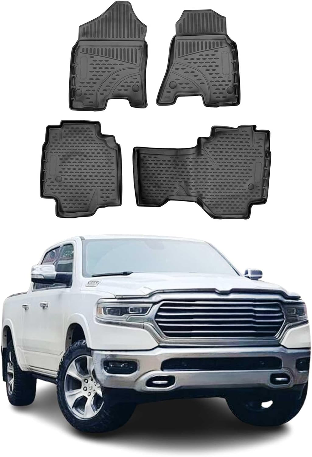 OMAC Floor Mats for Dodge Ram Quad Cab 1500 2019-2024 Car Mats All Weather 3D Custom Fit Rubber Mat Waterproof Odorless TPE Floor Liners Laser Measured Non-Slip (Black)
