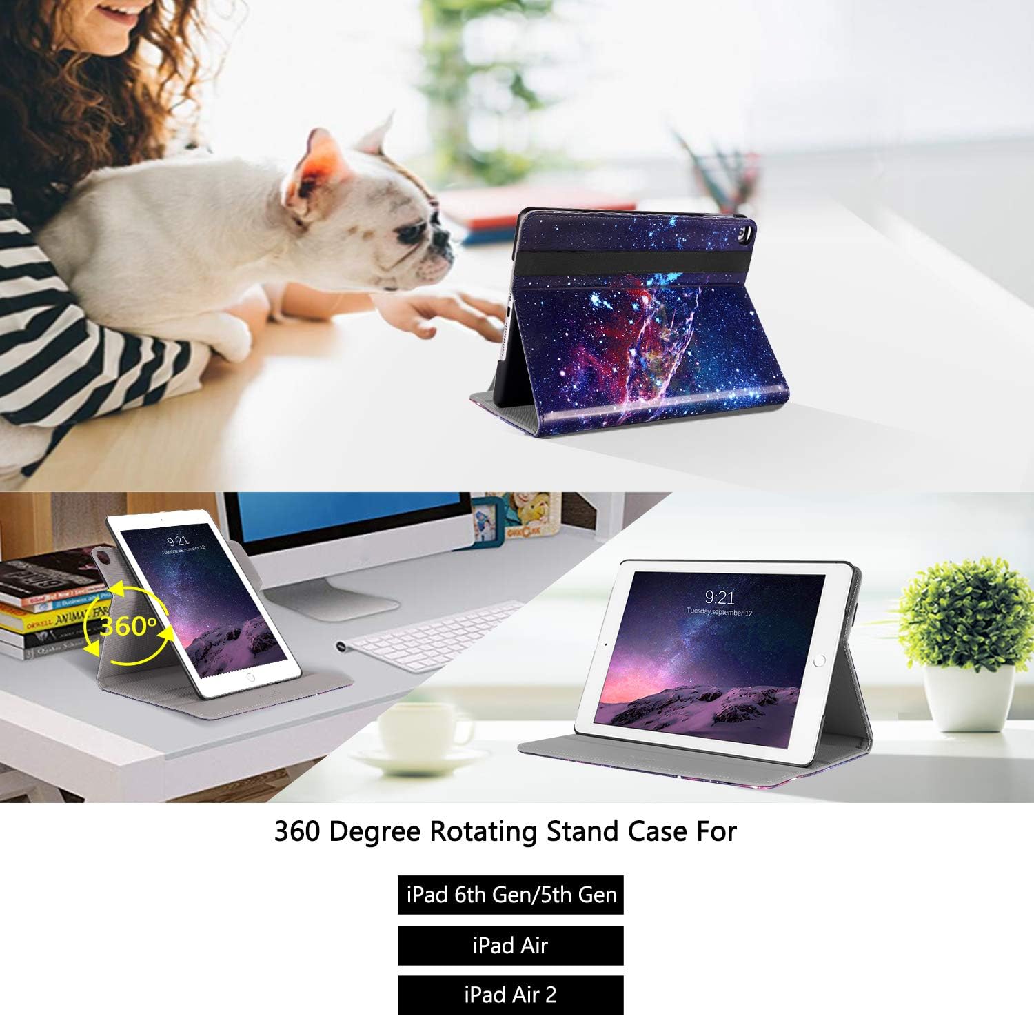 BENTOBEN iPad 6th Generation Cases 2018, 9.7" iPad 5 Case 2017, 360 Degree Rotating Stand Smart Cover Stylus Holder Auto Wake/Sleep Protective Case for iPad 9.7 inch A1893/A1954/A1822/A1823, Space