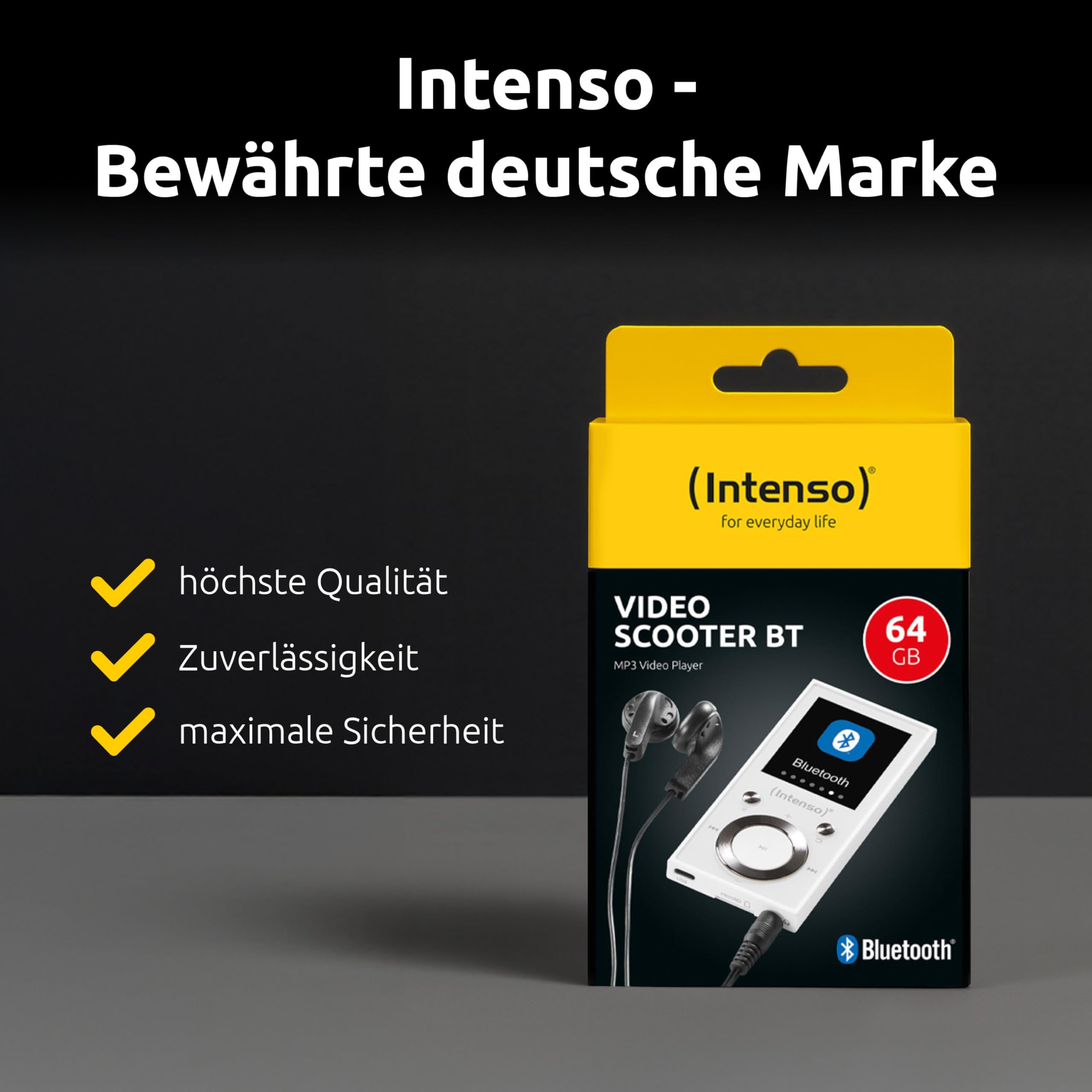 Intenso Video Scooter BT Lecteur MP3 avec Bluetooth 5.0, écran Couleur 1,8", microSD 64 Go, USB-C, Batterie jusqu'à 18 h, Casque Inclus, Blanc