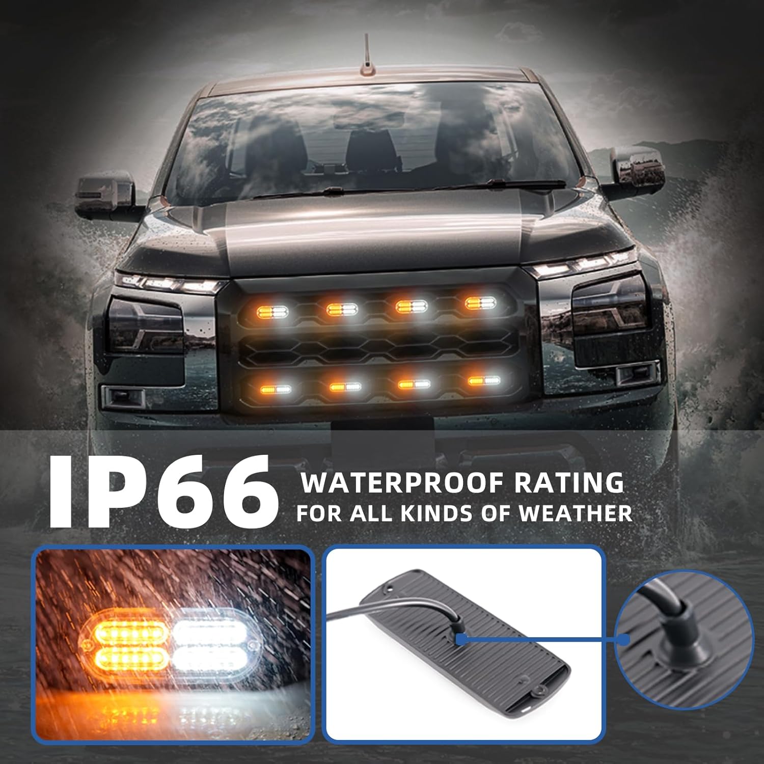8pcs Sync Feature Emergency Strobe Grille Lights LED Ultra Slim Surface Mount Flashing Hazard Warning Light Bar with Controller for Firefighter/Construction/Trucks/Vehicles/Car (Amber/White)