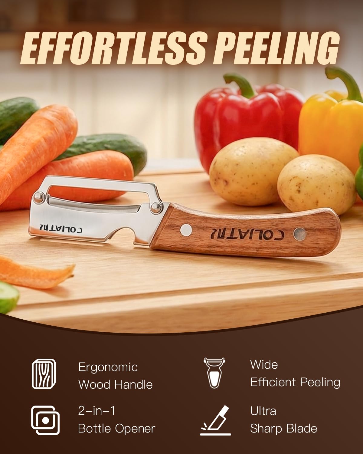 Zero Snag Wooden Kitchen Tools 2-in-1 Multifunctional Vegetable Peeler for Opene Multi-Functional Premium Stainless Steel with Woodens Handle and 2026 New Tool with Bottle Opener (3pcs) — view 3