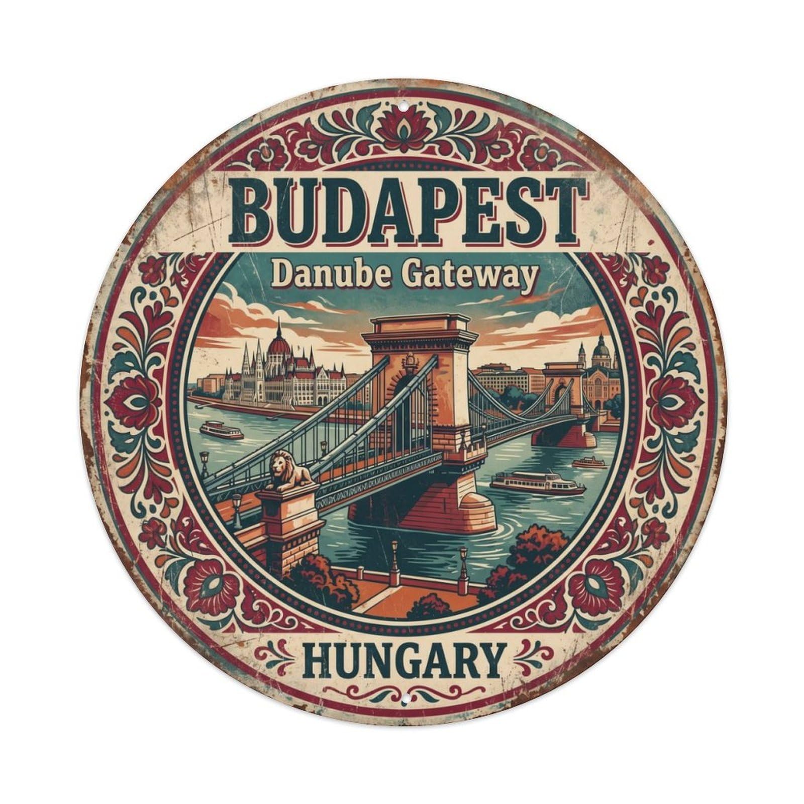 Vintage Travel Bridge Budapest Danube Metal Tin Sign Plaque Wall Decor for Cafe, Club Bar, Office, Home Garden Round Metal Poster 8x8Inch