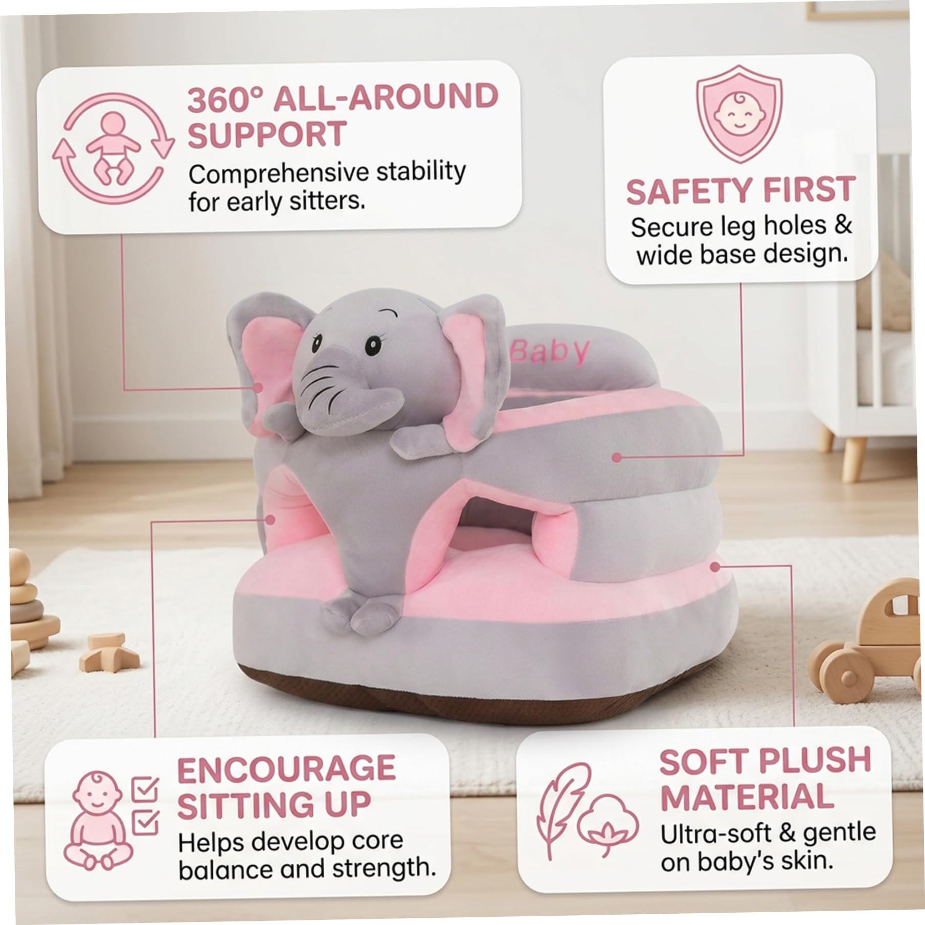 Baby-Sit-up-Stuhl, Elefanten-Sit-Me-Up-Bodensitz für Babys, weiches Plüsch-Stützkissen mit rutschfester Basis, Säuglingszubehör (grau), Heimdekoration