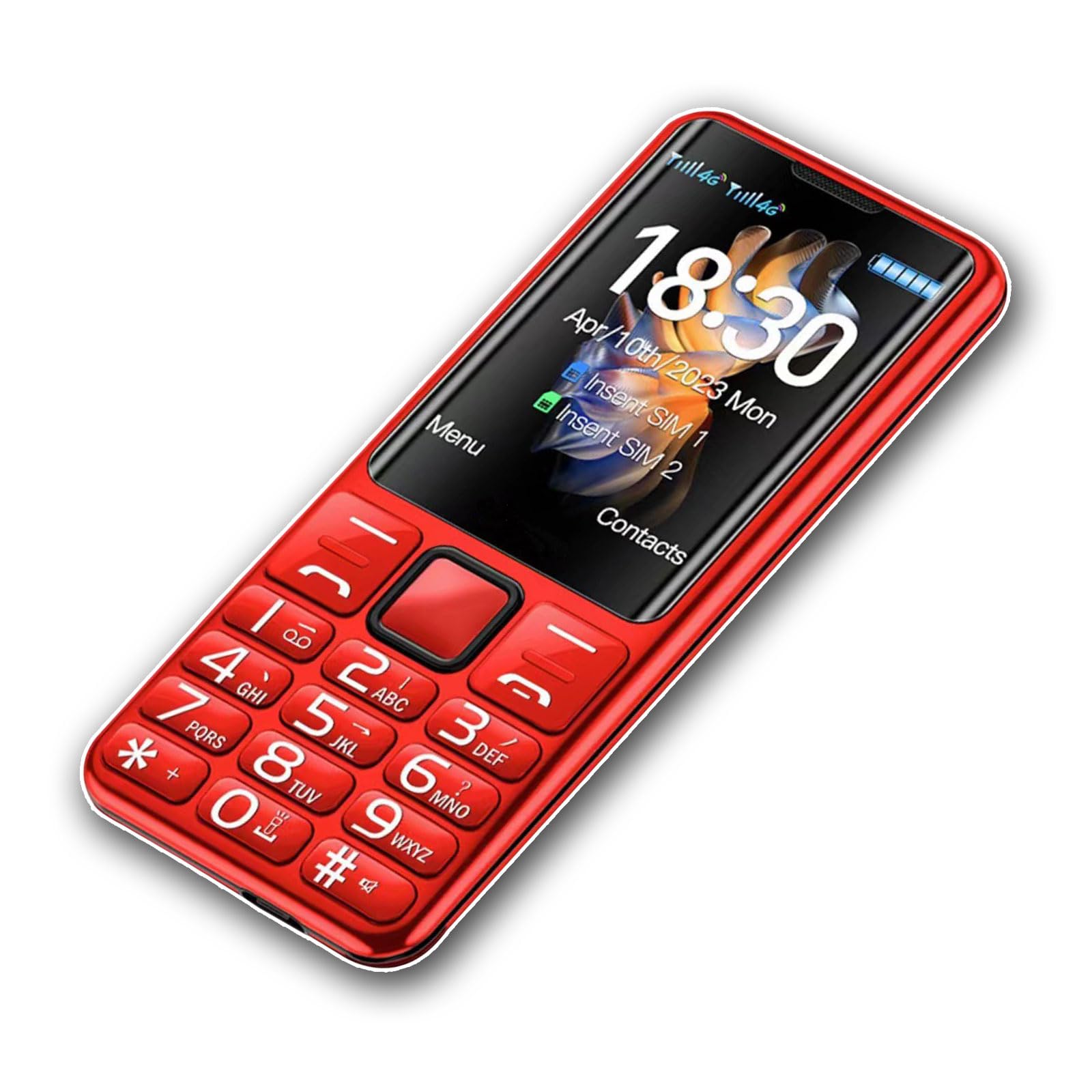 Przenośny Telefon Komórkowy Seniorów, Duży Telefon Komórkowy Funkcją SOS+Podstawowe Telefony Komórkowe Dwiema Kartami SIM+2,4-Calowy Wyświetlacz HD+Latarka Jednym Przyciskiem,Red