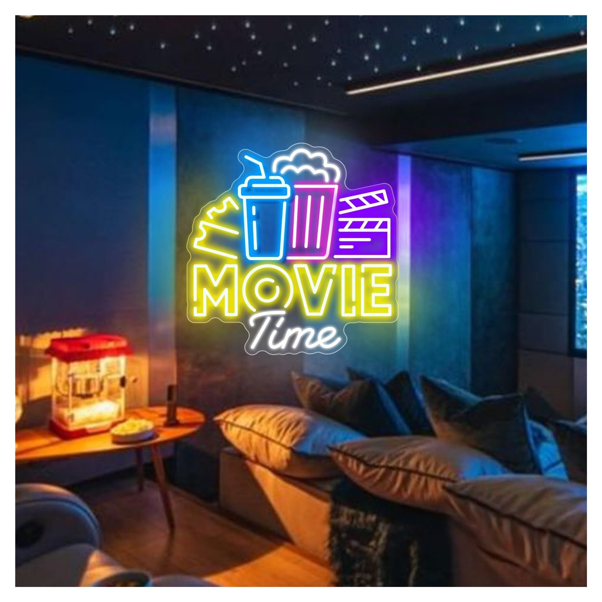 XENITE Luces Art Decoration Christmas Letrero De Neón Movie Time Con Palomitas Y Bebidas, Ideal Para Cine, Bar, Decoración De Pared De Cine, Snack Bar, Luz De Neón De 50cmx50cm(UN)