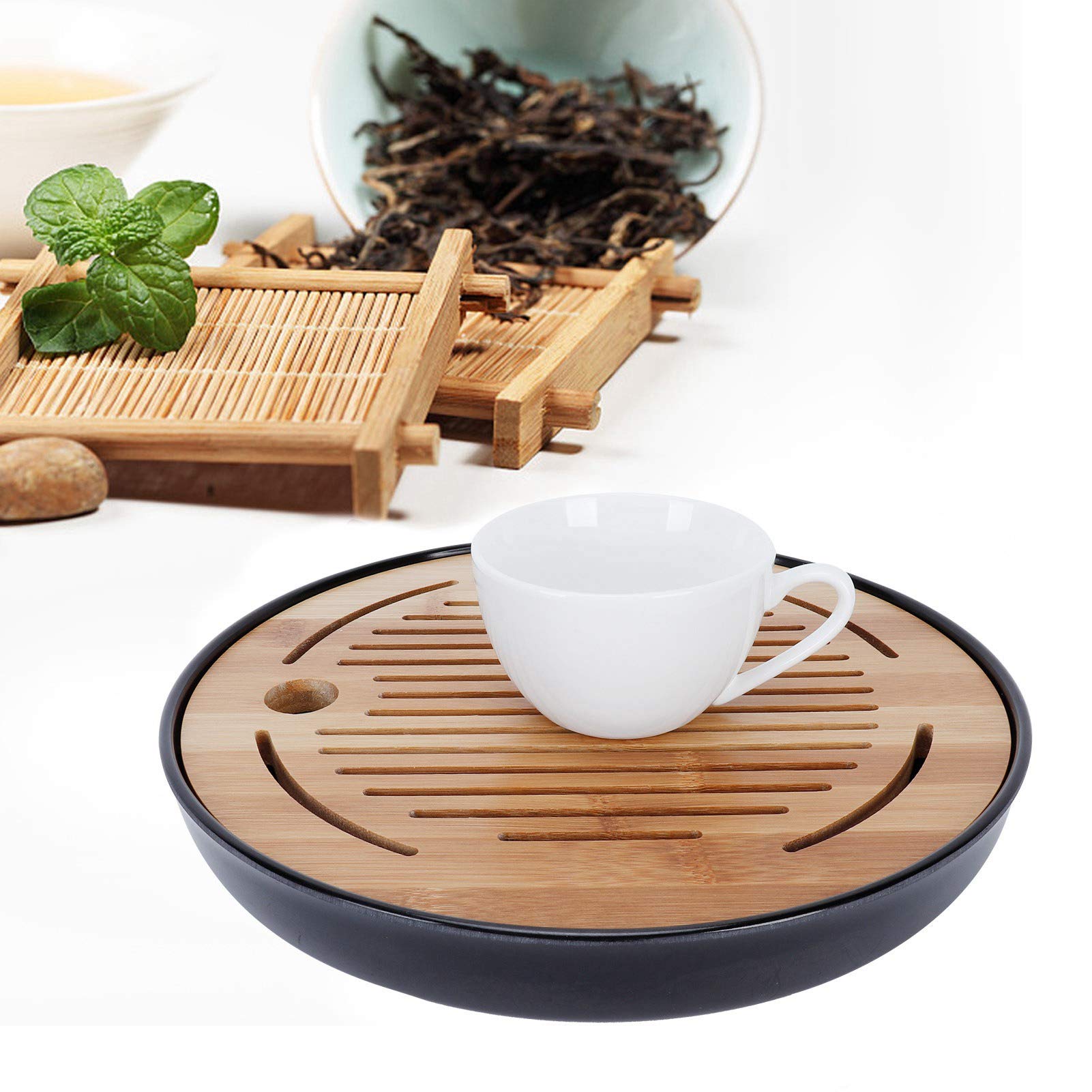 Plateau à Thé En Bambou Plateau à Thé Sec Rond Portable