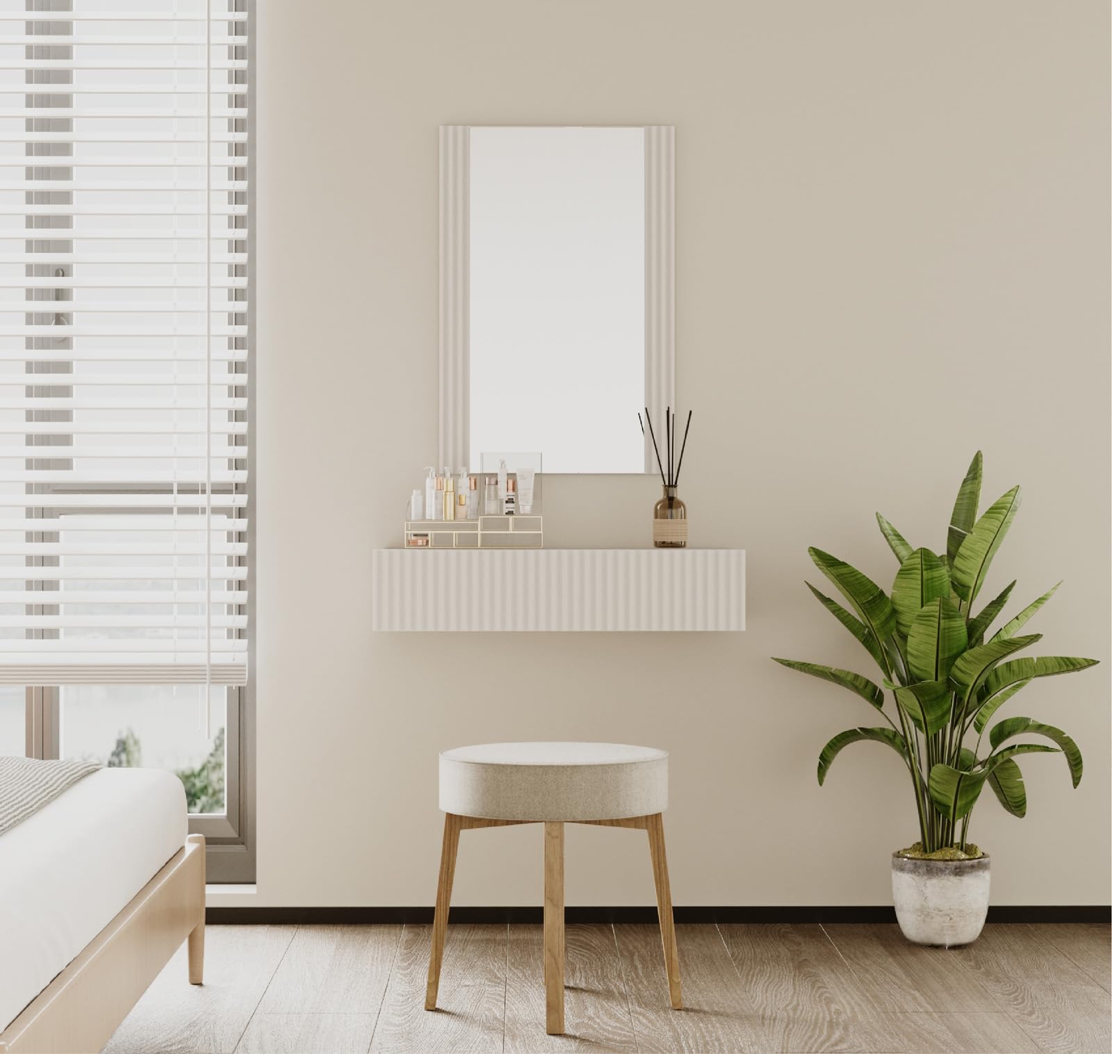 MB Muebles Bonitos, Toeletta Sospesa con Specchio Velia, Toeletta con Cassetto, Design a Scanalature, Melaminico e PVC, Colore Bianco, Ideale per Camera da Letto