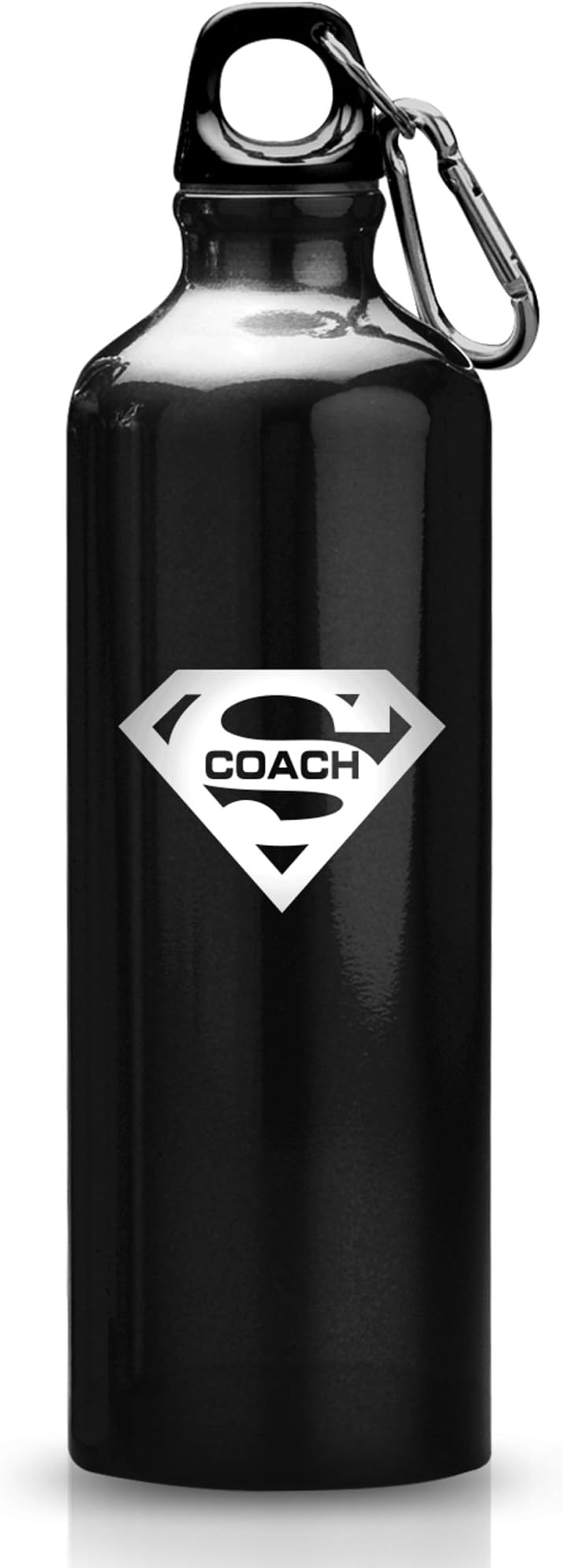 SUPER MUGS Super Coach Insulated Aluminum Water Bottle, Twist Cap and Carabineer, 24 oz, Black and Silver, 1