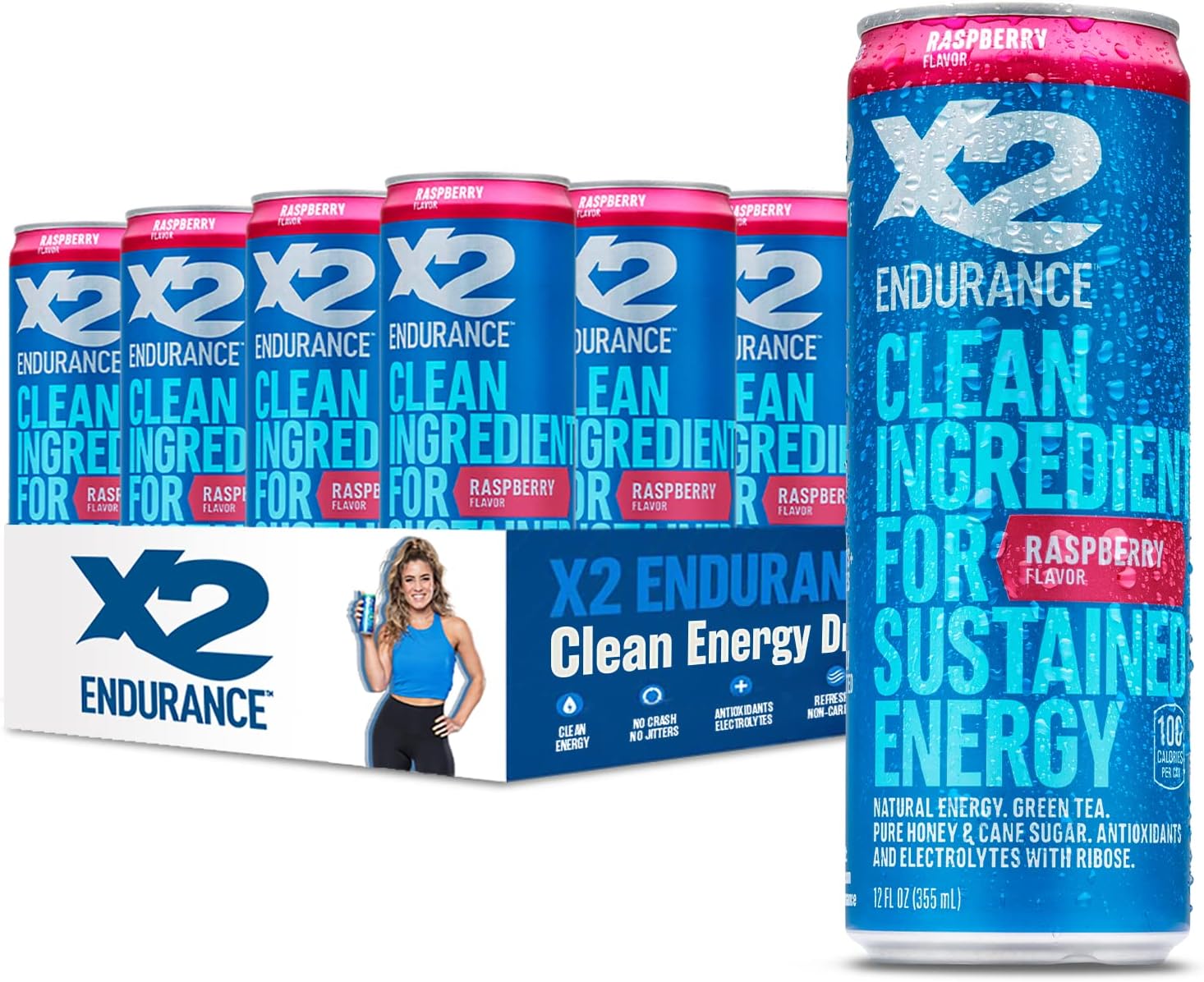 X2 Clean Energy Drink - Sustained Energy for Sport & Fitness Endurance, Low Calorie & Low Sugar (Raspberry, Pack of 12)