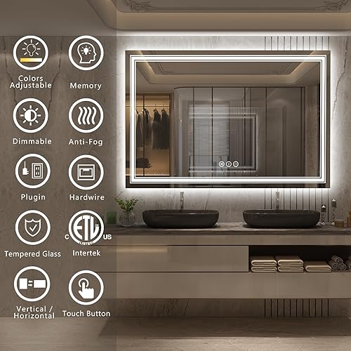 Miniatura 2 de Espejo de baño iluminado de 60 x 40 pulgadas para pared, espejo de tocador iluminado con luces LED, regulable, antivaho y con certificación ETL