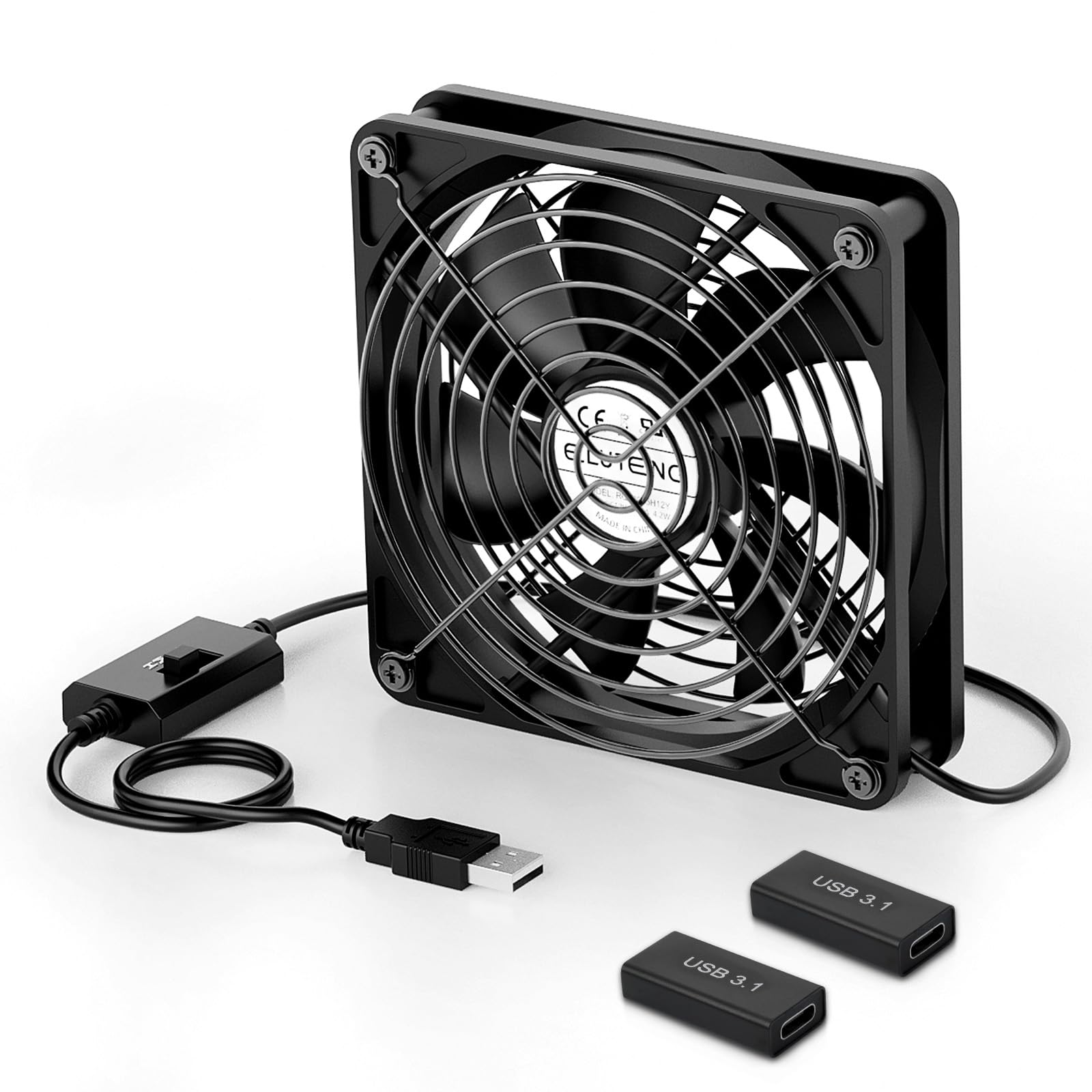 ELUTENG Ventilador USB 120mm con 2 Adaptadores USB-A a Tipo-C, Ventilador PC 12cm Compatible para PS5 PS4 Laptop Router TV Box