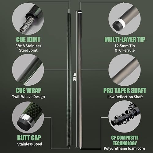 Miniatura 2 de Taco de piscina de fibra de carbono, eje de fibra de carbono premium, palos de billar Pro Taper con punta multicapa, agarre sin envoltura, junta