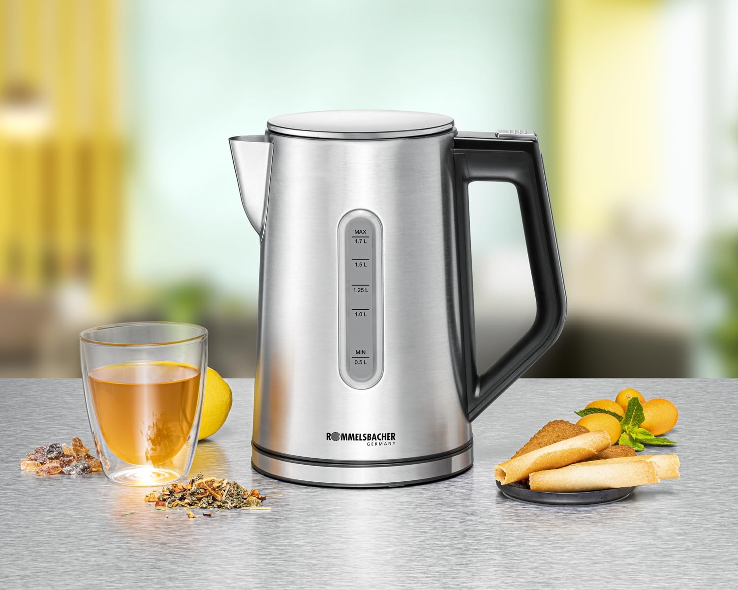ROMMELSBACHER Wasserkocher WK 3000 – Stiftung Warentest Sieger 3/2025, 1,7 Liter, 1-Tasten-Steuerung, Stellstart-Funktion, Temperaturwahl von 45-100 °C, geschlossener Kannenboden, Kochstoppautomatik