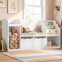 63" Kids Bookshelf with Large Reading Nook and Toy Storage Organizer, White | 5-in-1 design, anti-slip & soft padded bench, stuffed animal zoo, Montessori bookcase, 2 bins, safe round edges, easy reach