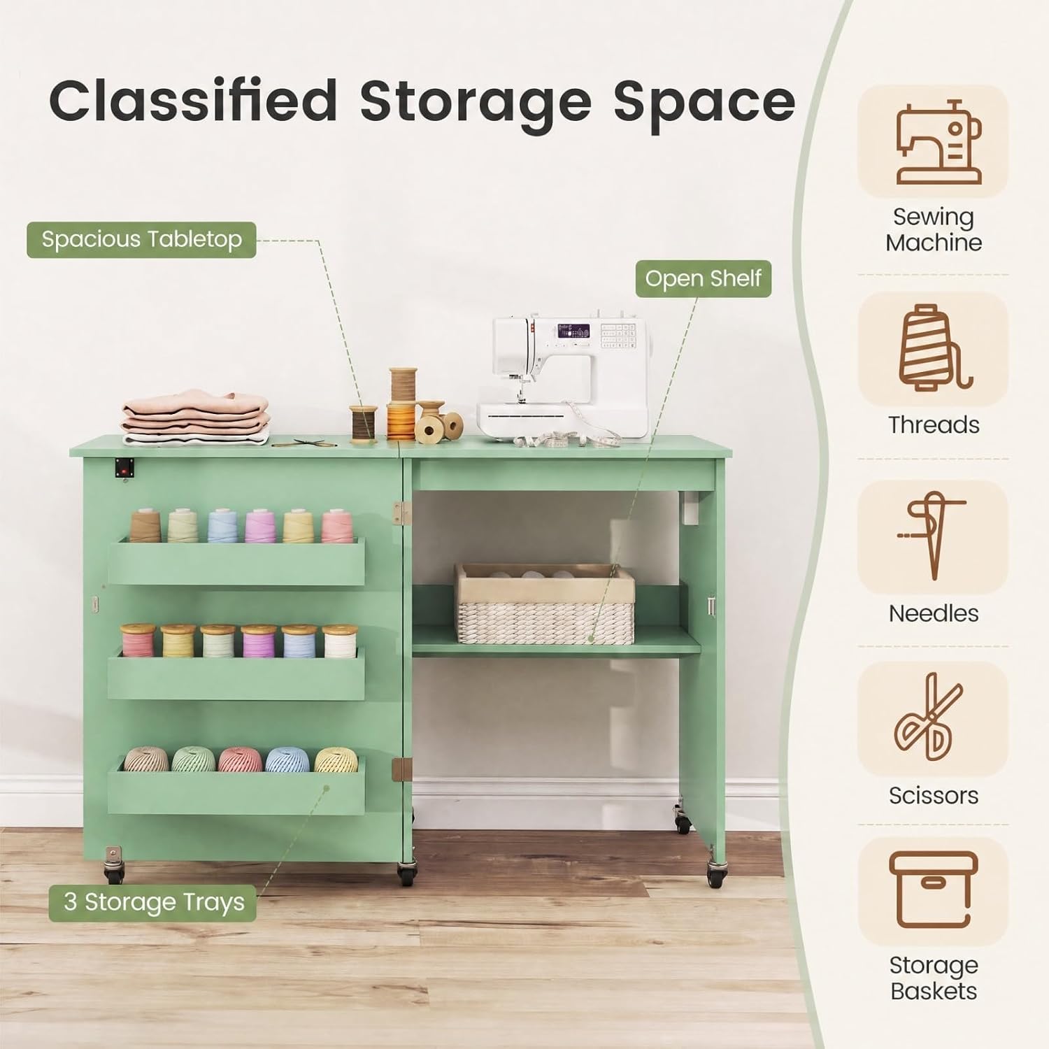 COSTWAY Folding Sewing Table with Charging Station, Sage Green | Lockable Casters, 3-Tier Shelf, Middle Rack, Magnetic Door, Small Sewing Desk for Home Apartment, Studio