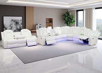Power Recliner Sectional Sofa Set, Luxury Leather Reclining Sectional, Living Room Furniture Sets, 9-Seat Breathing Leather Recliner Couch Sofa Set with Cupholders/Charger for Home,Cream White