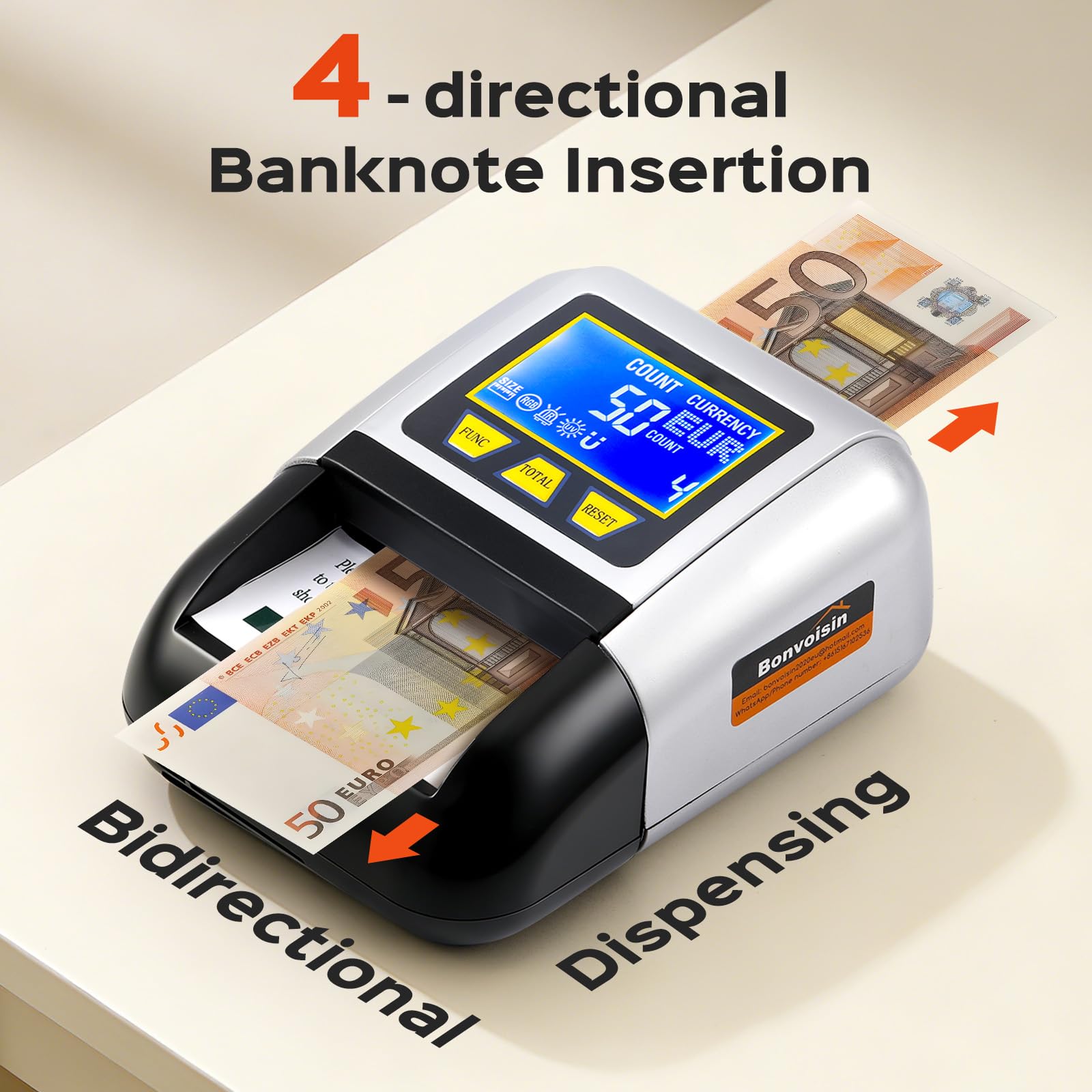 Bonvoisin Verificatore di Banconote, Rilevatore Falsi con UV/IR/MG, Portatile Testare con Funzione Valore Totale, Batteria Ricaricabile, 4 Orientamenti, Compatibile EUR/USD/GBP Ecc., Schermo LCD (A)