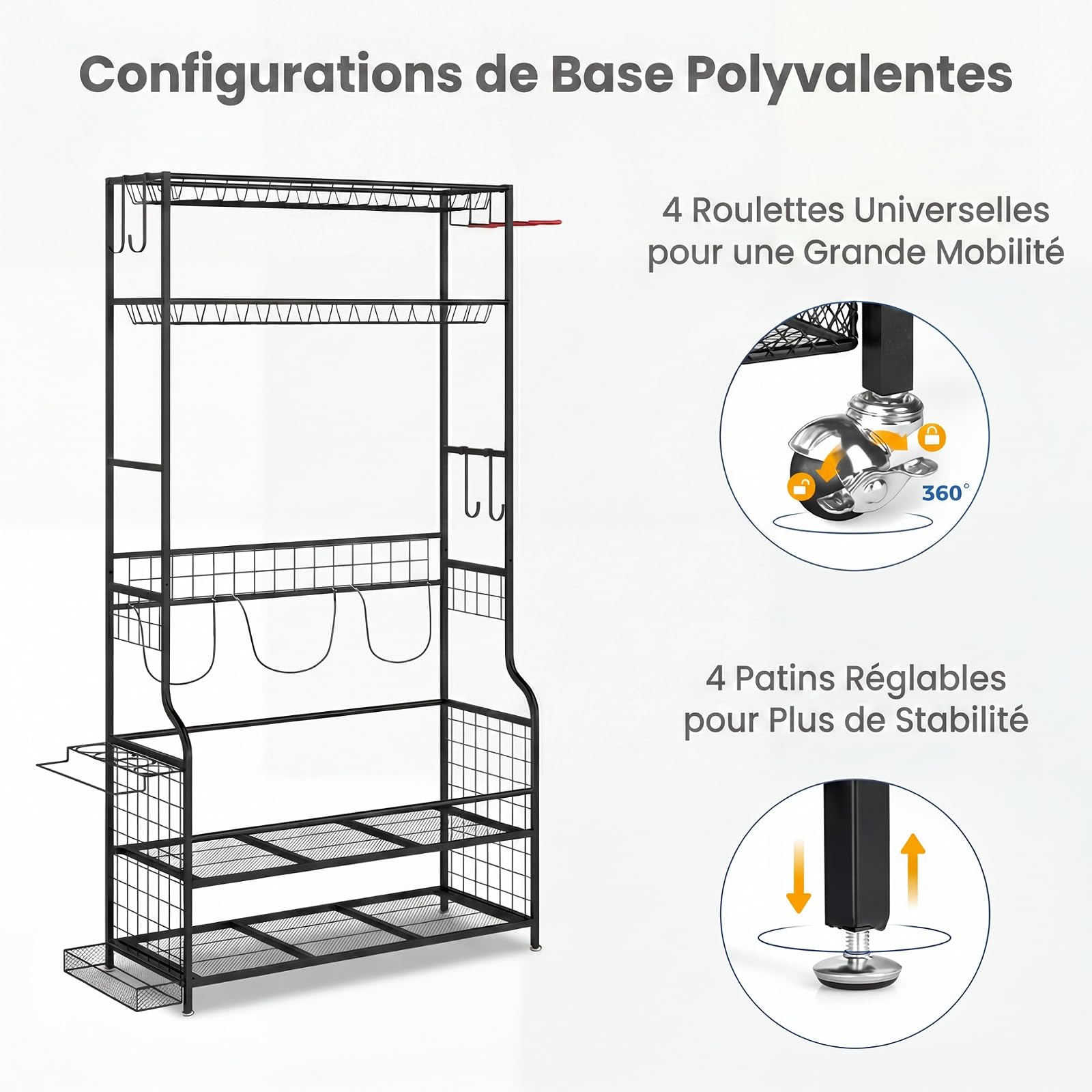 GYMAX Rangement d'Équipement Sportif à roulettes Amovibles 132 x 40,5 x 194 cm, Organiseur pour Ballons, Raquettes, Clubs, Sacs de Golf, Tapis de Yoga, Chaussures, Vêtement, Casque