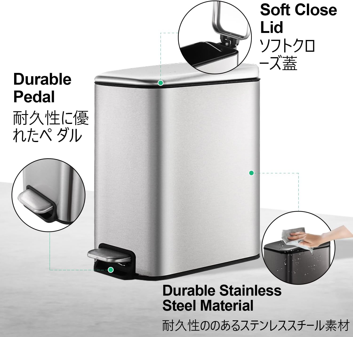 Diagram showing soft-close lid, durable pedal, and stainless steel material