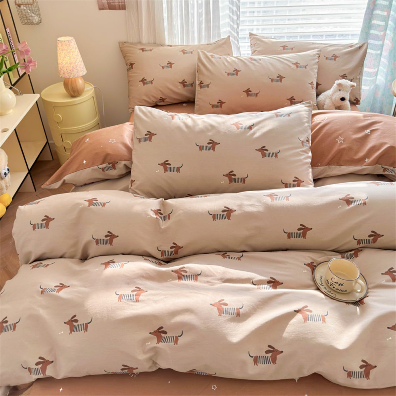 Freyamy Bettwäsche 135x200cm 2teilig Khaki Bunt Dackel Mädchen Wendebettwäsche Microfaser Hundemuster Kinderbettwäsche 1 Bettbezug mit Reißverschluss und 1 Kissenbezug 80x80cm