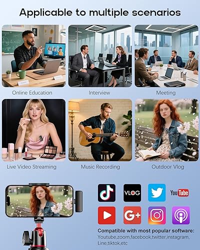 Miniatura 7 de Mini micrófono inalámbrico para iPhone, paquete de 2 micrófonos Lavalier Bluetooth para grabación de video, micrófono de solapa con reducción de