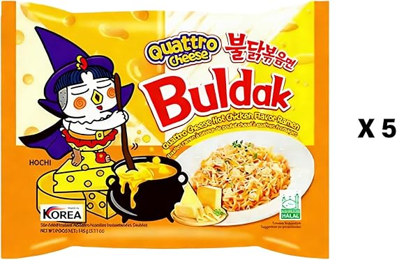 Buldak Noodles Hot Chicken Flavor Ramen 5 Pack - Ramen Instant NoodlesExcellent for Snack and Soups (Quattro Cheese)