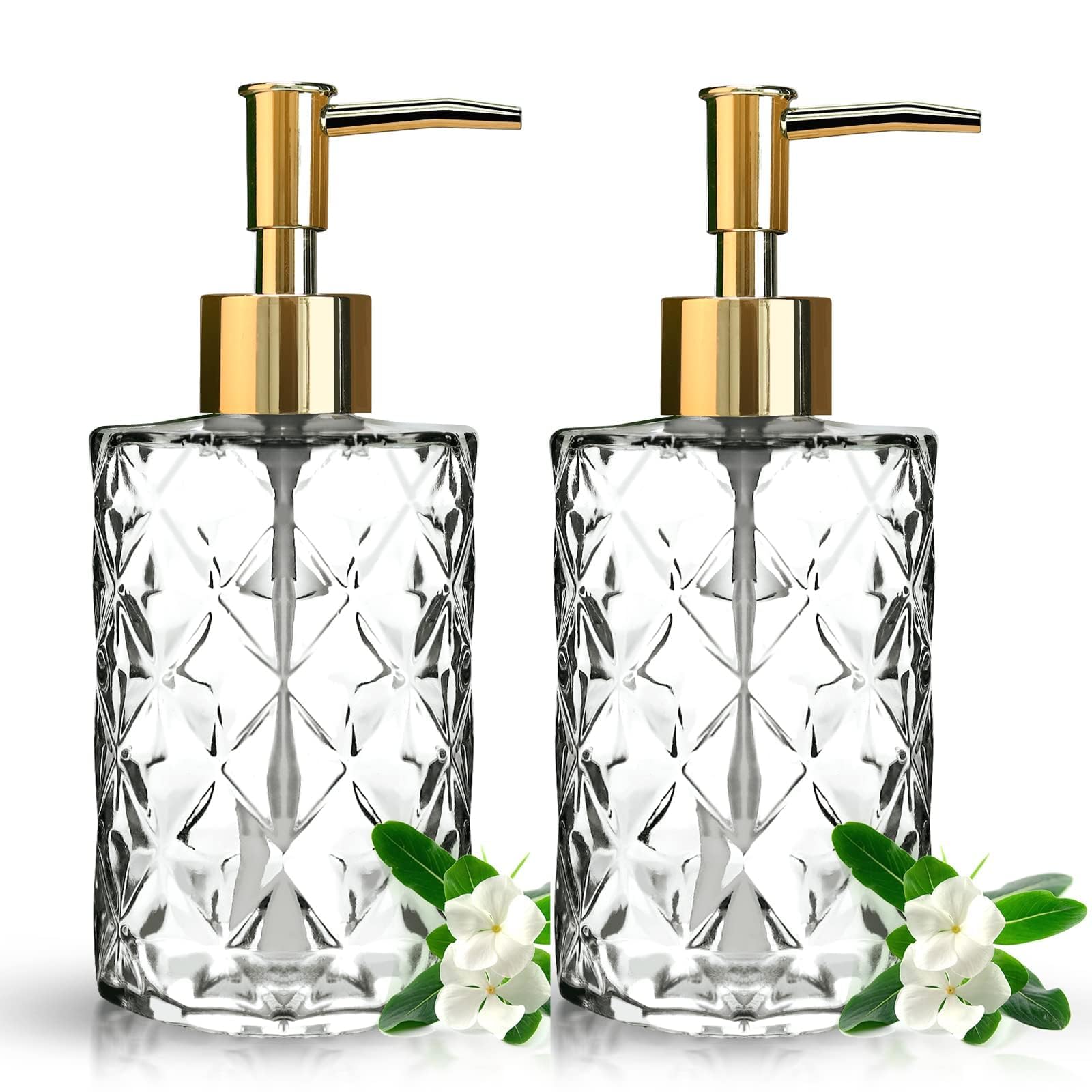 Topsky 2 dispensadores de jabón de Cristal de 330 ml, para Cocina, baño, Bomba de Cristal Transparente y plástico, para detergente para lavavajillas, jabón líquido (Dorado Transparente)