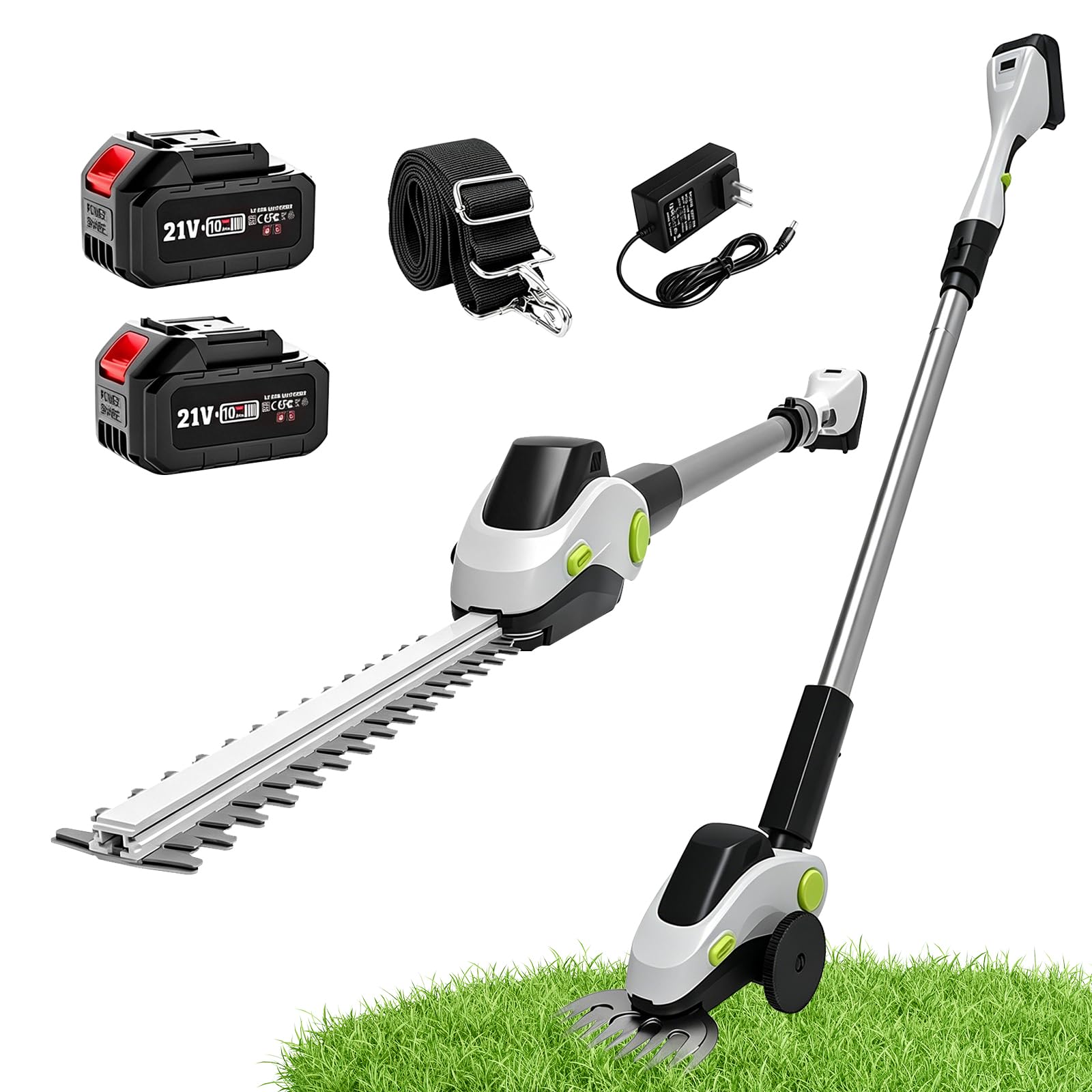Tijera Cortacésped y Arreglasetos 2 en 1, Cortasetos Eléctrico con 2 Batería y Cargador, Tijeras para Césped con Mango Telescópico para Podar Césped, Arbustos y Setos
