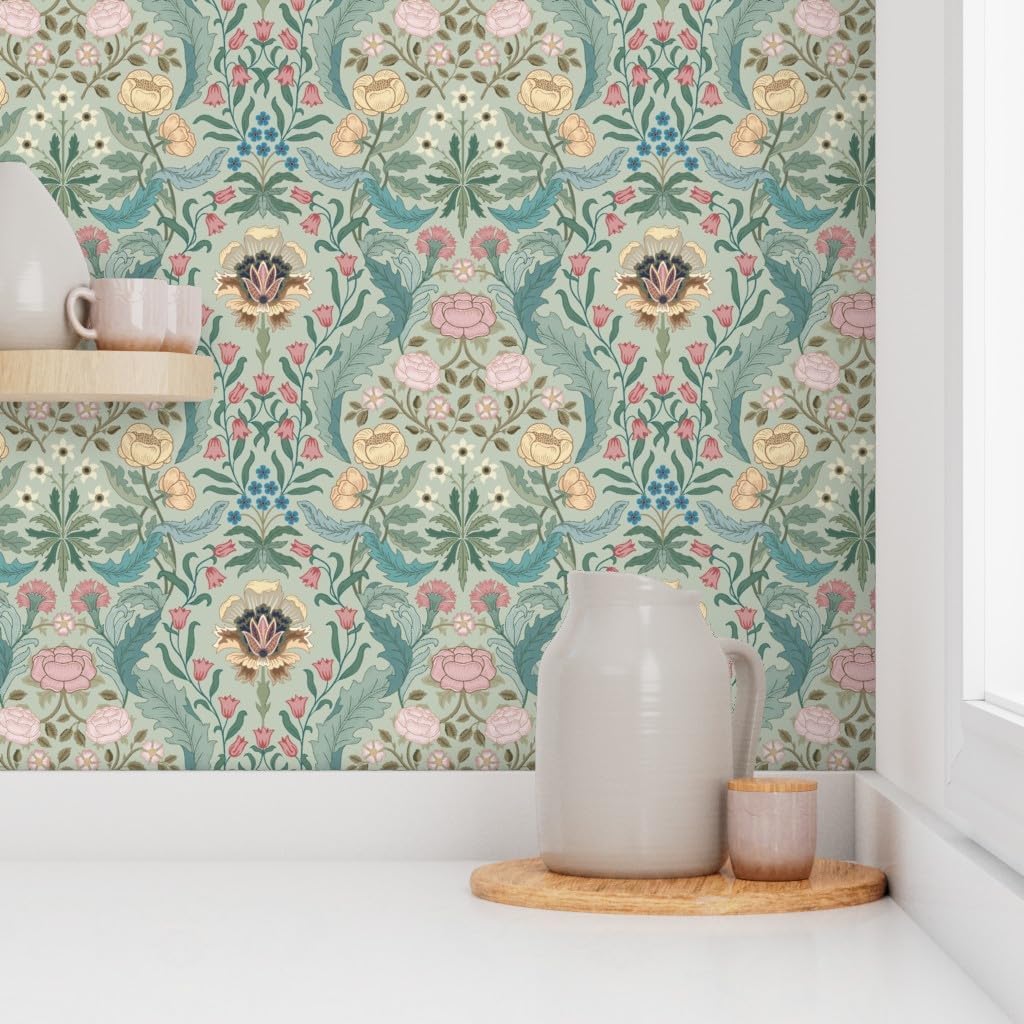 Spoonflower Removable Wallpaper Swatch - Arts and Crafts Victorian Floral Vintage Rose Damask Carnations Soft Green Medium Scale Traditional Custom Pre-Pasted Wallpaper