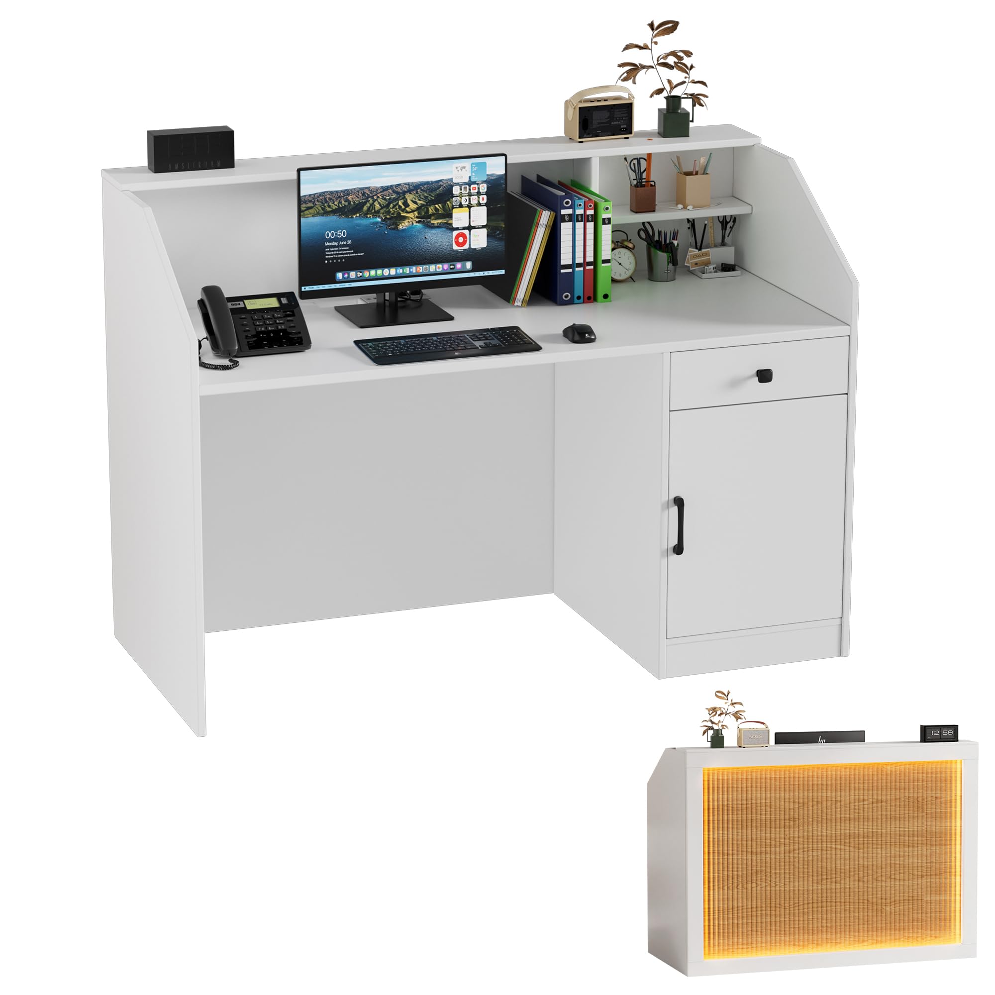 MSFE Bancone Reception con LED,Banco Reception con Cassetto,Armadio,Ripiani Aperti e Prese,Bancone Ufficio per Reception per Parrucchiere, Centro Estetico, Negozio, Hotel e Ufficio,140 * 60 * 110CM