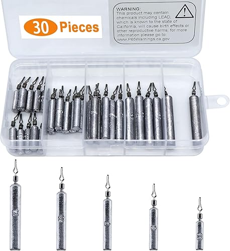 Juego de 30 pesos de pesca, sin enganches flacos en forma de lápiz, adecuado para equipos de pesca de gato, surtido de pesos de tiro caído, equipo