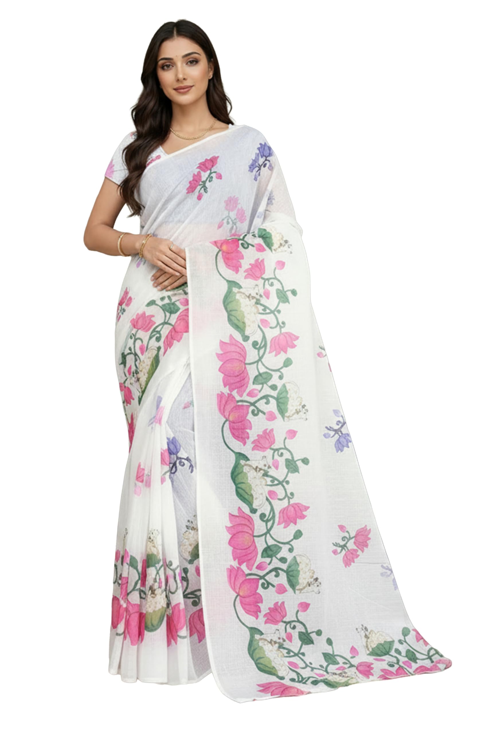 threadbox Women's White Cotton Linen Floral Printed Saree with Unstitched Blouse Piece-picture-38