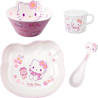 Hello Kitty Bear Sakura Cute Pink Dinnerware Flatware Meal Set – Plate Bowl Cup Spoon, 4 pieces
