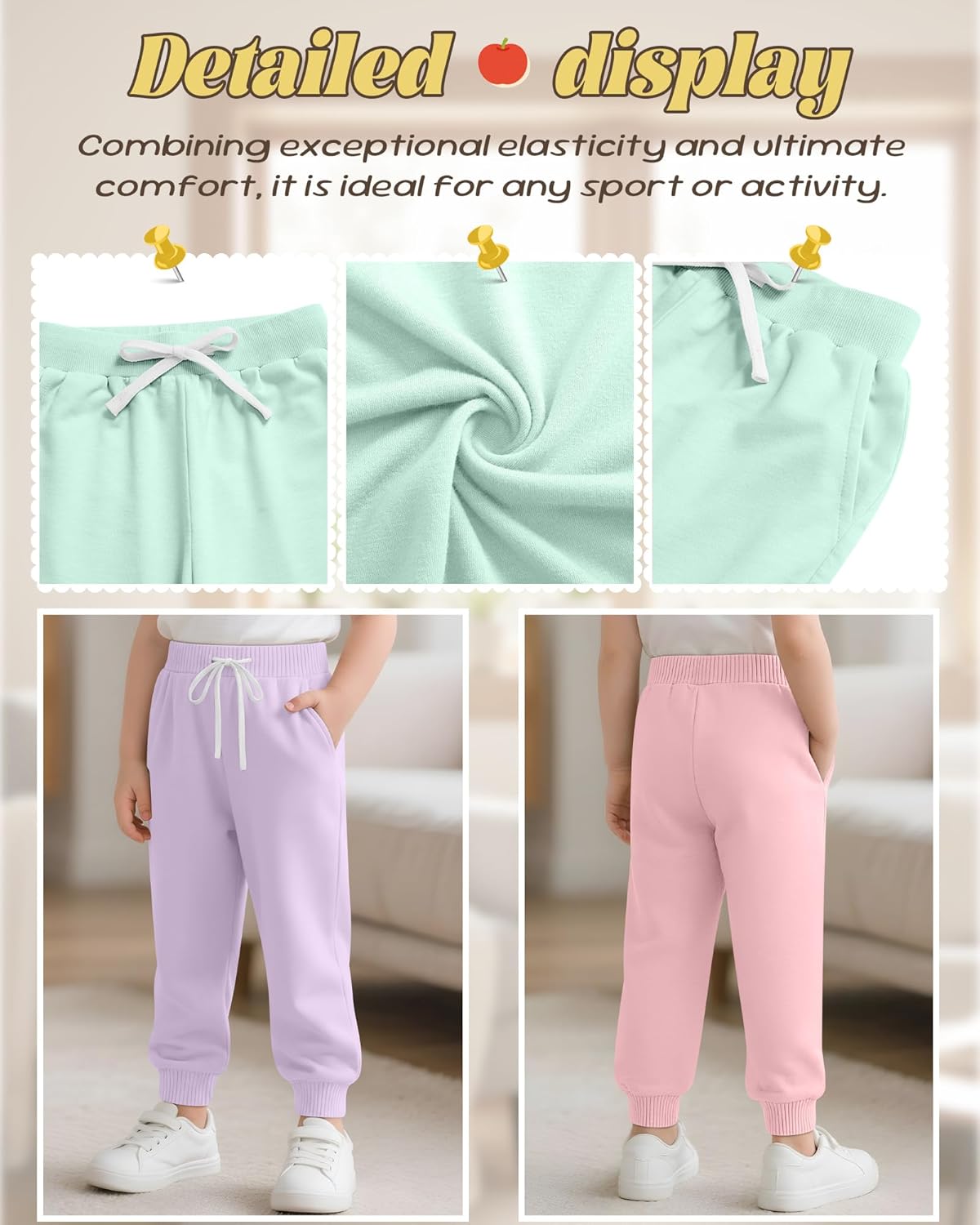 4 Pack Girls and Toddler Sweatpants Kids Athletic Spring Joggers Girls Summer Pull on Pants with Drawstring Pockets