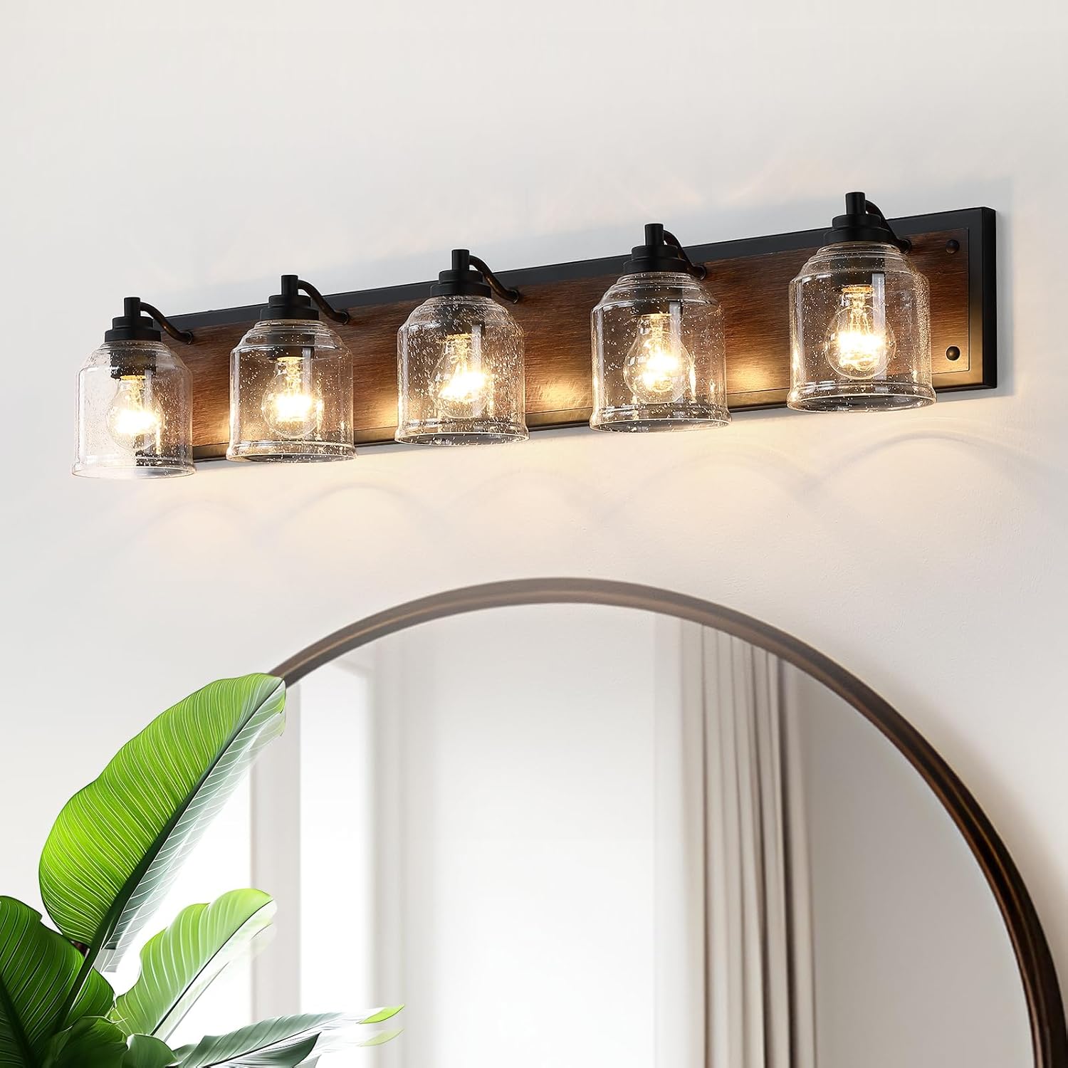 YKLITG 40" Large Farmhouse Bathroom Vanity Light,5-Light Brown Metal Vanity Light with Bubble ...