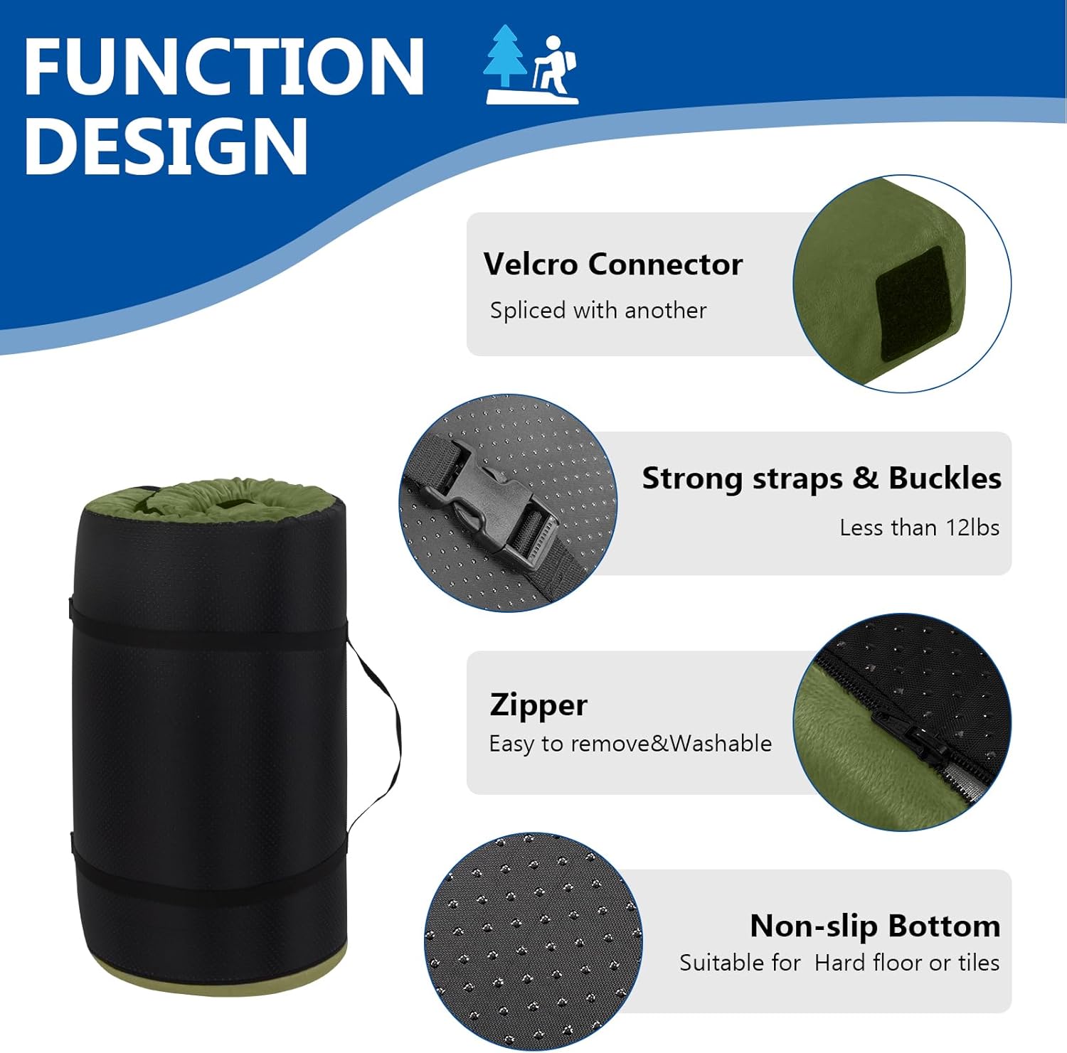 Camping Mattress Pad,2.5 inch Memory Foam Camping Mattress,Single Small Portable Roll Up Camping Sleep Topper with Waterproof and Non-Slip Bottom, Camping Car Mat with Travel Bag, 75"×30"×2.5", Green